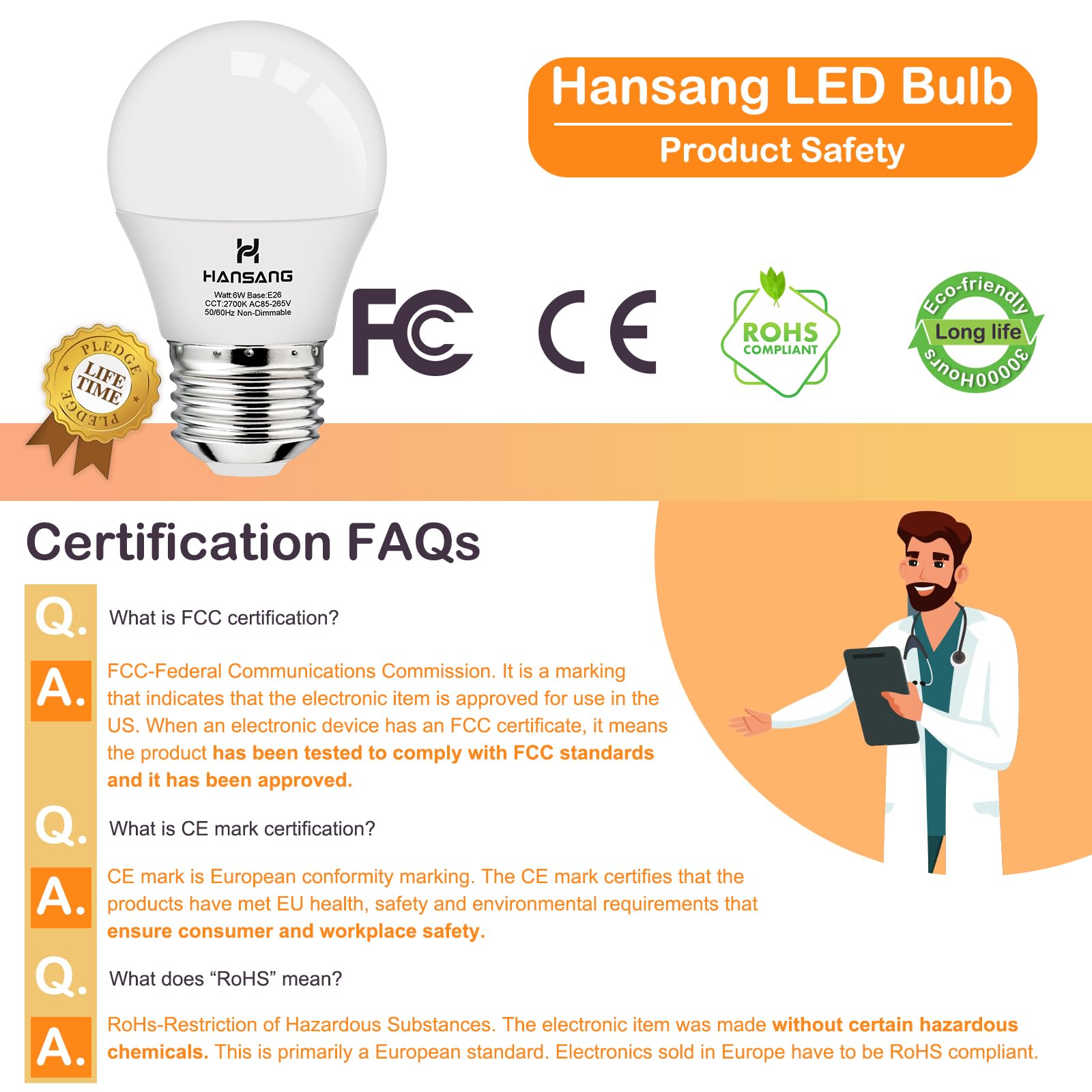 Hansang E26 Appliance Light Bulb, 2700K Warm White, 60 Watt Equivalent Small Light Bulb, E26 Led Bulb For Ceiling Fan, A15 Light