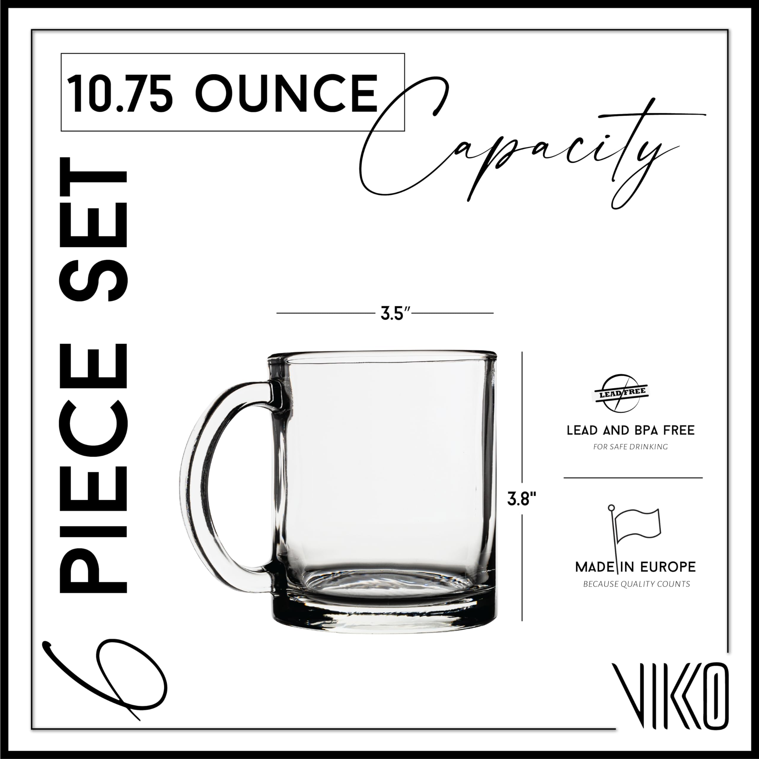 Vikko Glass Coffee Mug, 10.75 Ounce Clear Glass Coffee Mugs, Glass Mug Set Of 6, Microwave And Dishwasher Safe