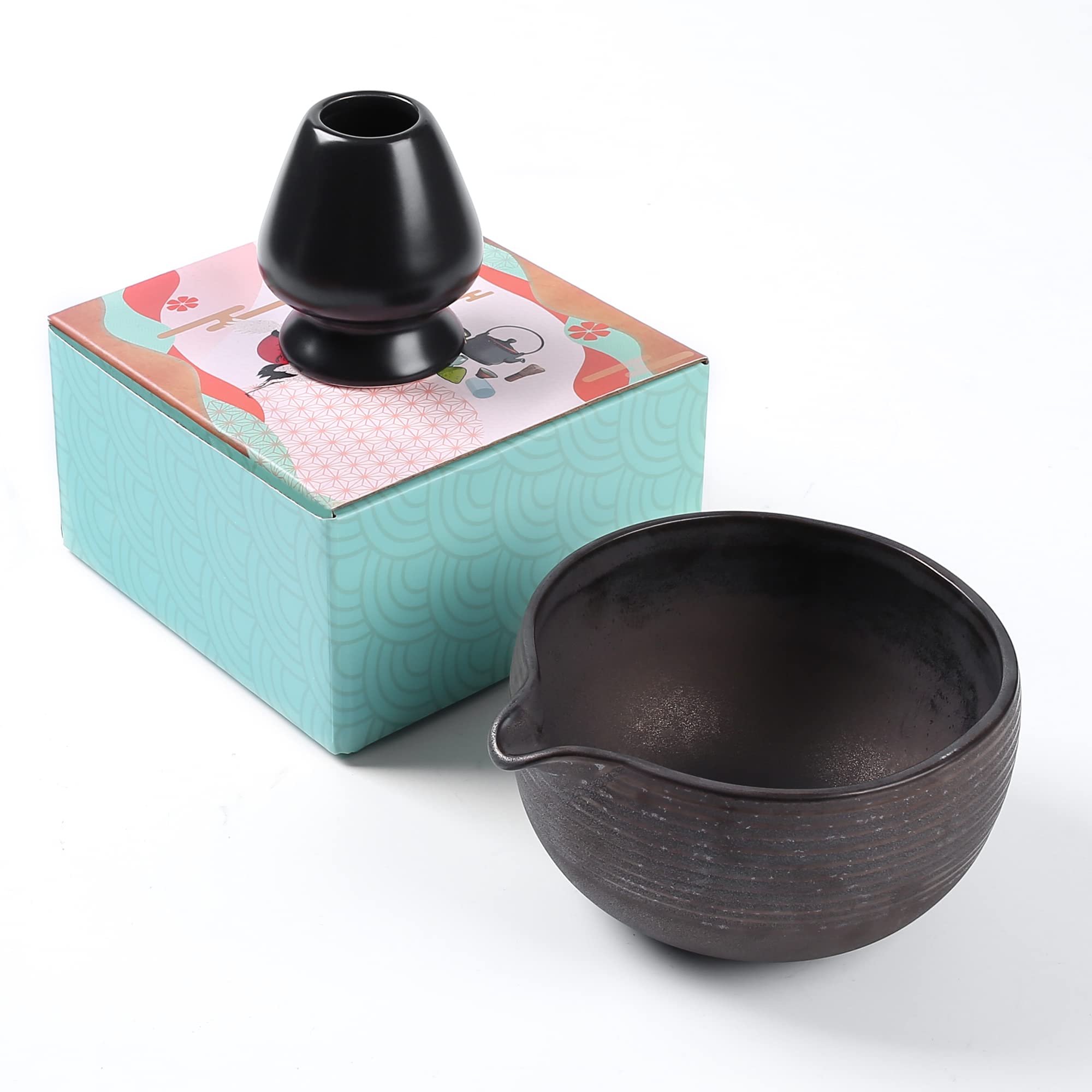 Zenrc Traditional Matcha Bowl With Pouring Spout And Whisk Holder (Reshaper) - Retro Matcha Green Tea Chawan Kit- 22Oz Big Salad