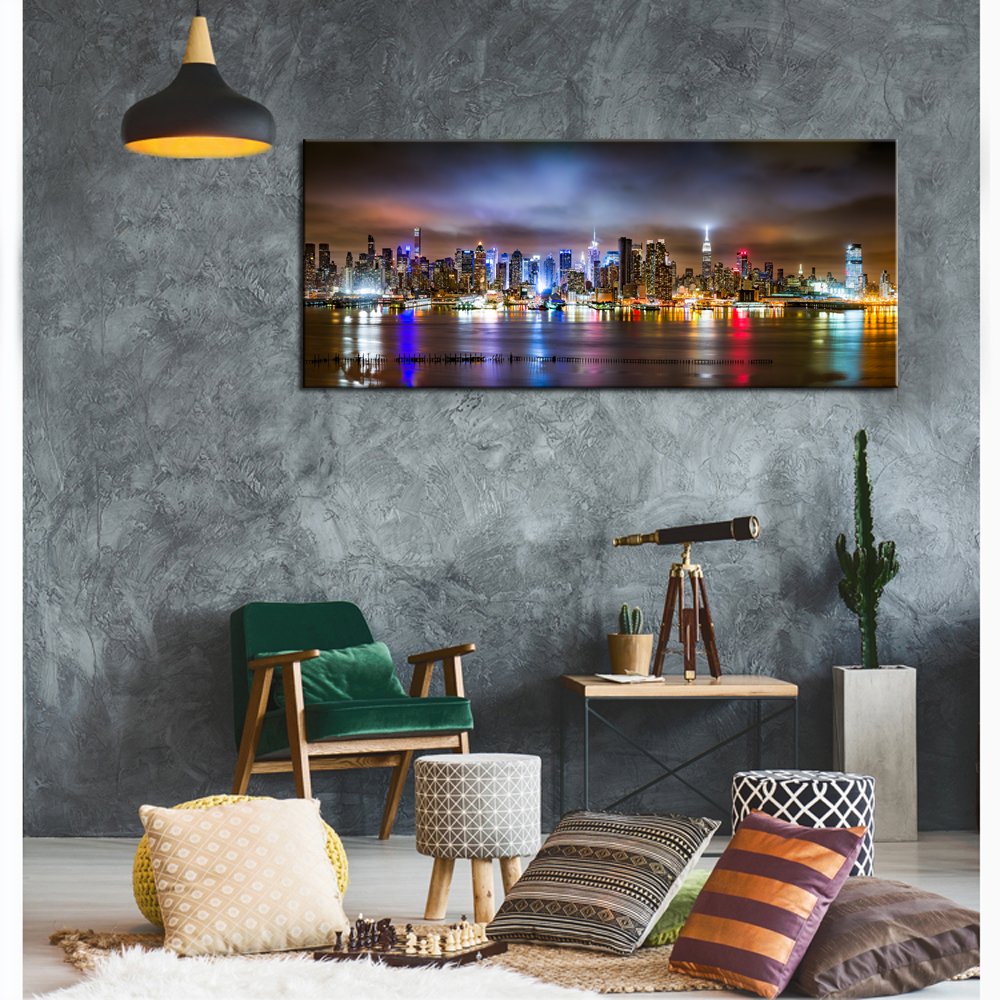 sechars - New York City Canvas Wall Art Manhattan Skyline Panorama on Cloudy Night Picture Giclee Art Print Modern Home Office Wall Decoration Stretched Canvas Ready to Hang