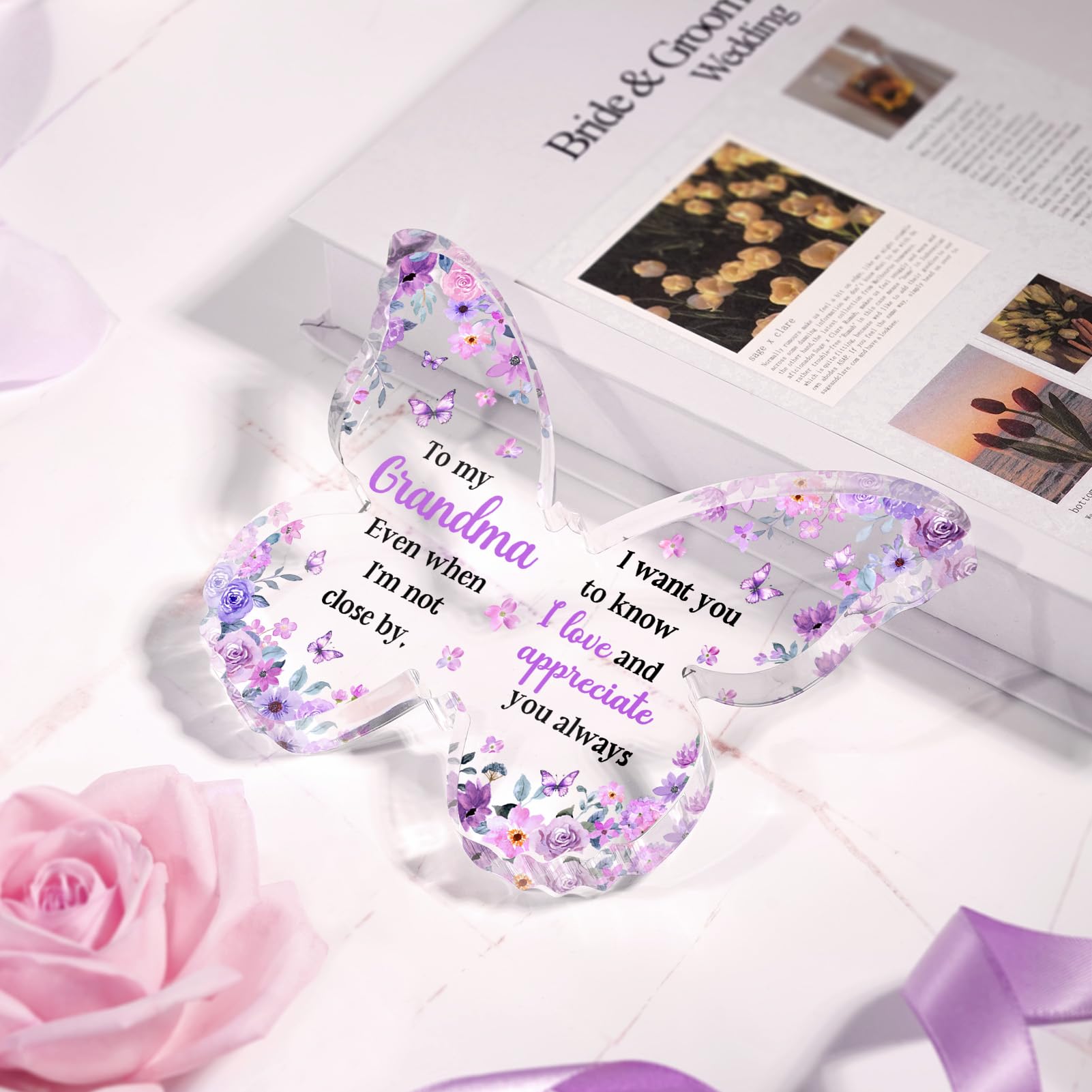 Glydein Christmas Gifts for Grandma, Grandma Birthday Gifts, Unique Purple Butterfly Acrylic Plaque Desk Decor, Grandma Birthday