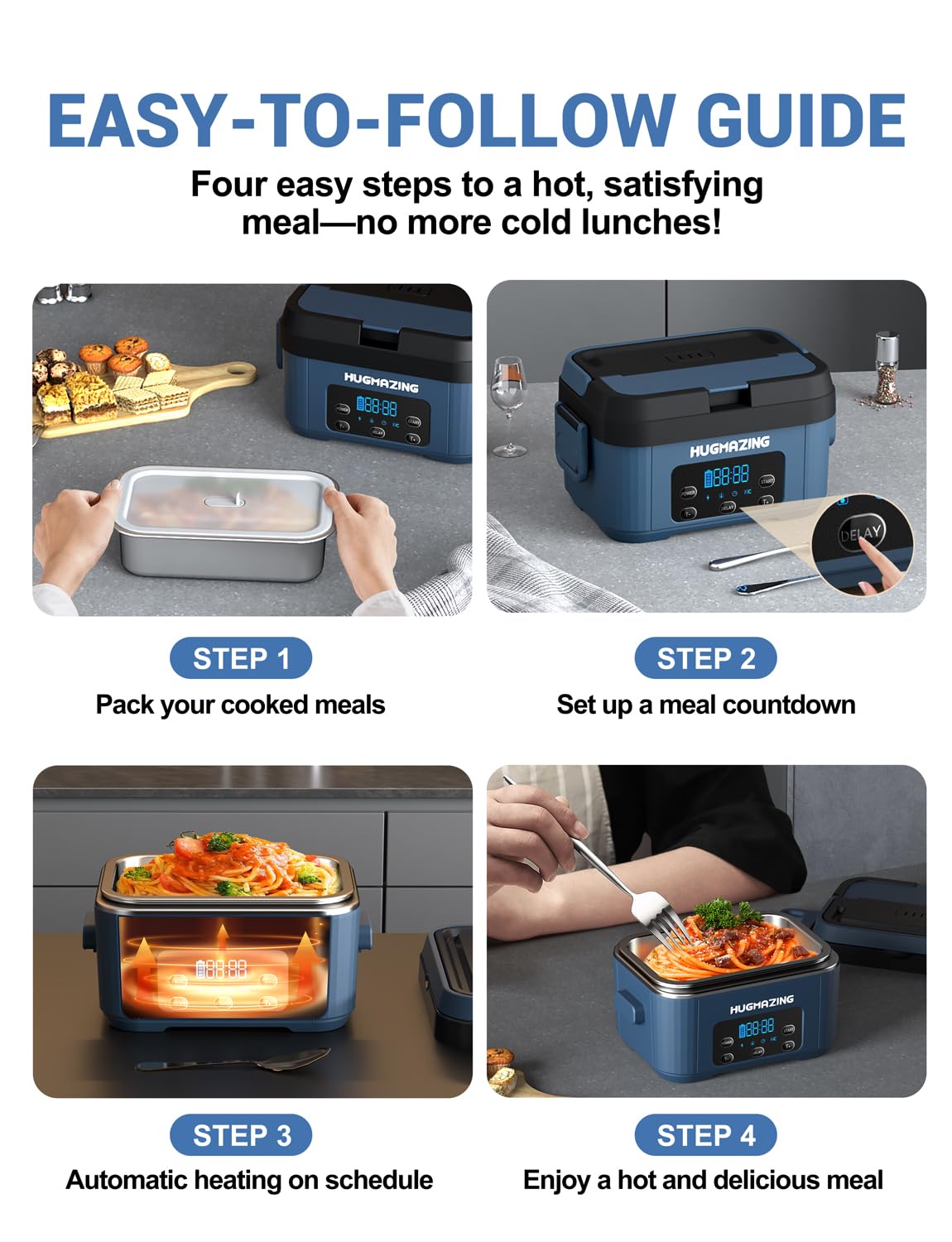Hugmazing Cordless Electric Lunch Box, 1100ML Stainless Steel, Deep Blue, Model HG-CHARGE, Self-Heating Food Warmer for Work & Travel