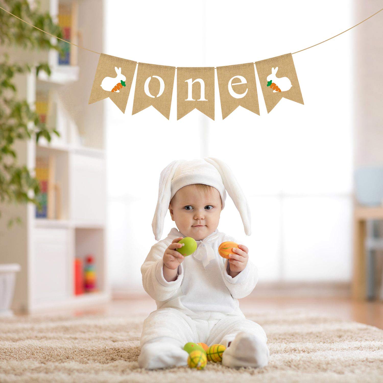 Jute Burlap One High Chair Banner With Bunny Easter Spring Boy Girl 1St Birthday Party Highchair Decoration Supply