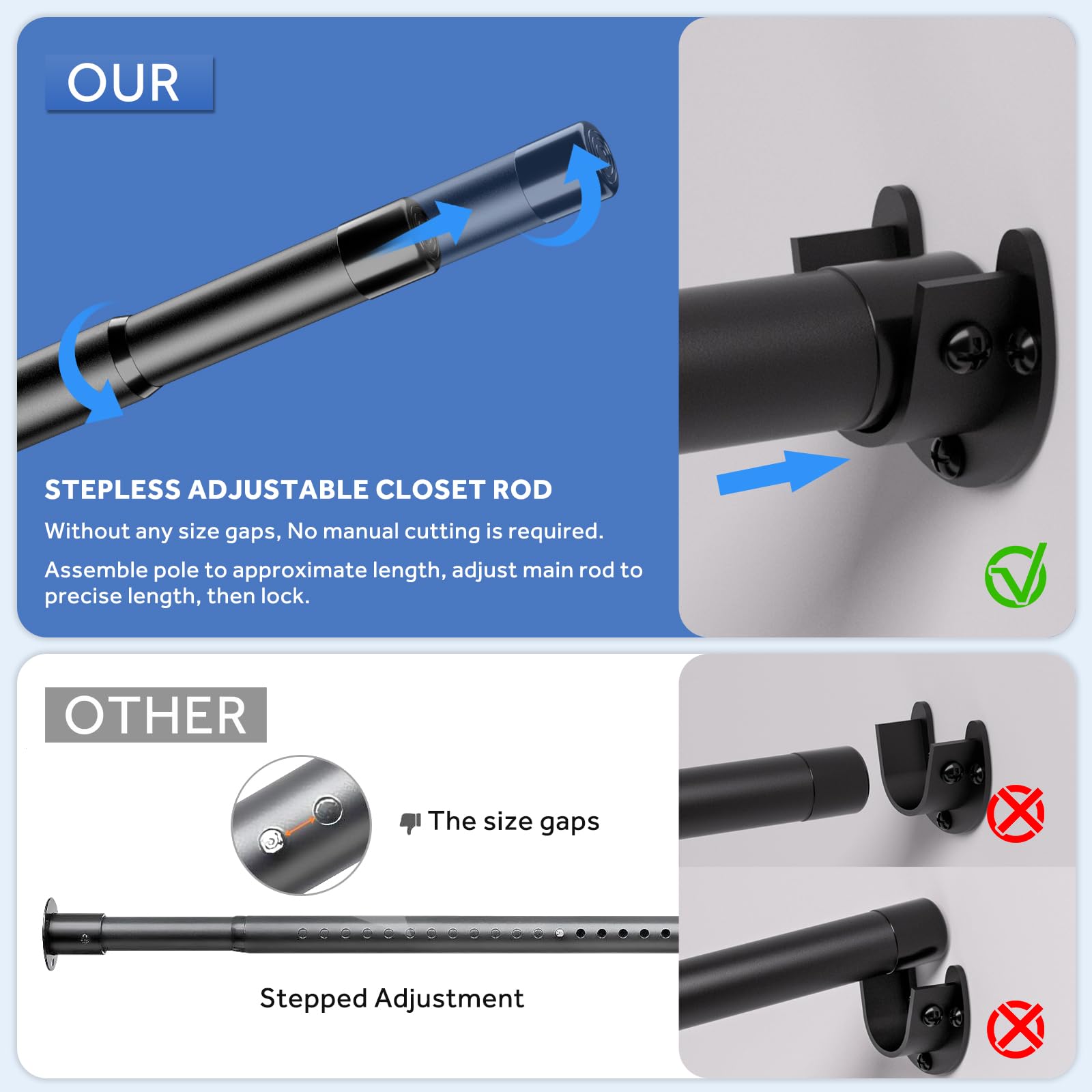 Sutine Closet Rod, 17 To 97 Inch Closet Rods For Hanging Clothes, Heavy Duty Adjustable Clothes Hanging Bar Rod Matte Black Clos