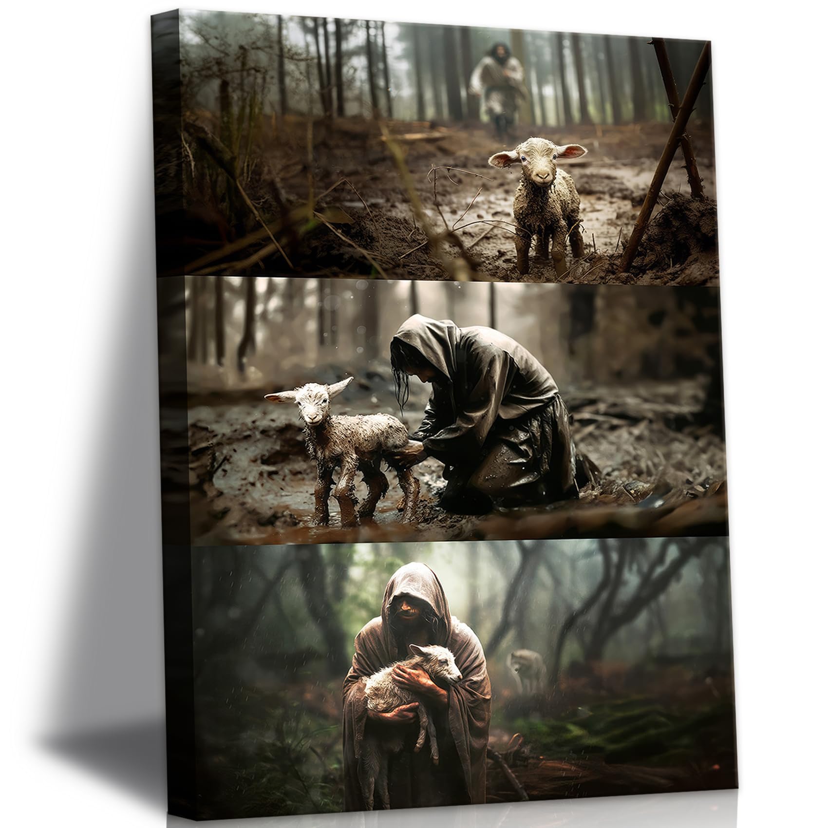 Framed Jesus And Lamb Canvas Wall Art Jesus Save Lost Lamb Posters Prints Vintage Christian Pictures Wall Decor For Bedroom Mode