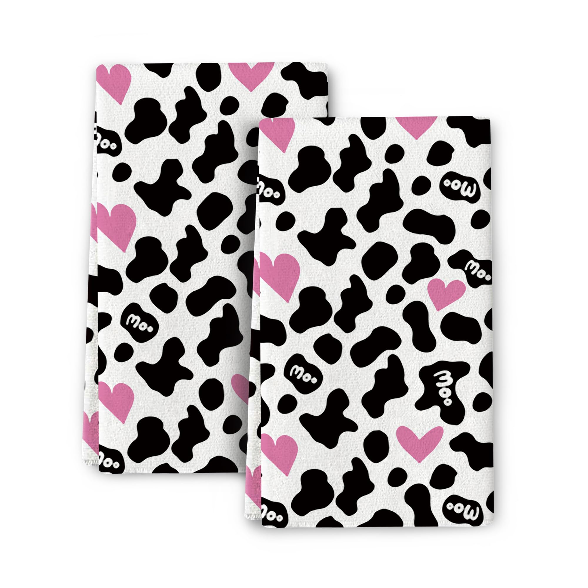 Cow Print Pink Heart Decorative Kitchen Towels With Hanging Loop Set Of 2, Soft Absorbent Dish Towels For Kitchen Drying,Kitchen