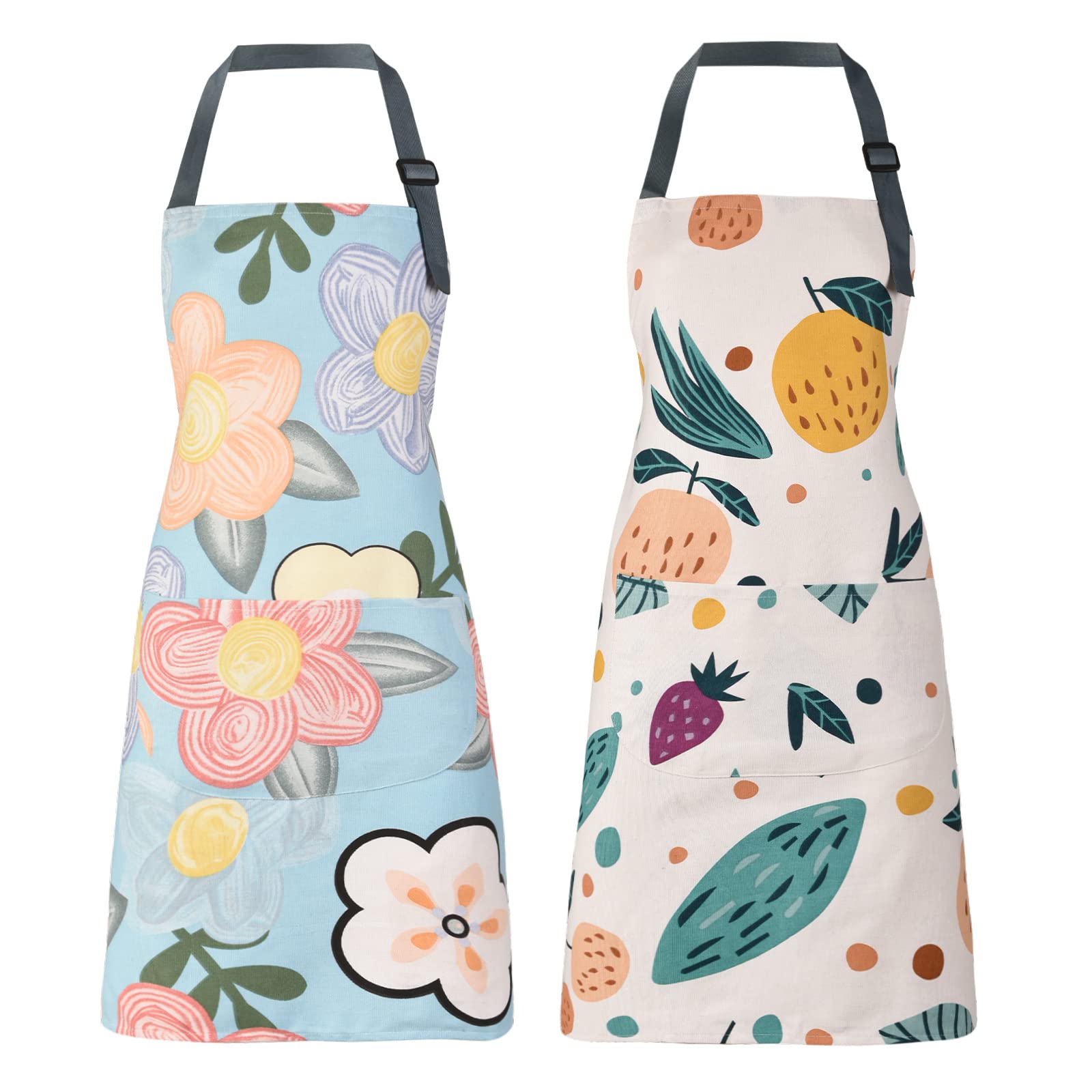 Arbinson 2 Pack Floral Apron For Women With Pockets, Adjustable Cotton Chef Aprons For Kitchen, Cooking, Bbq & Grill (Orange/Flo