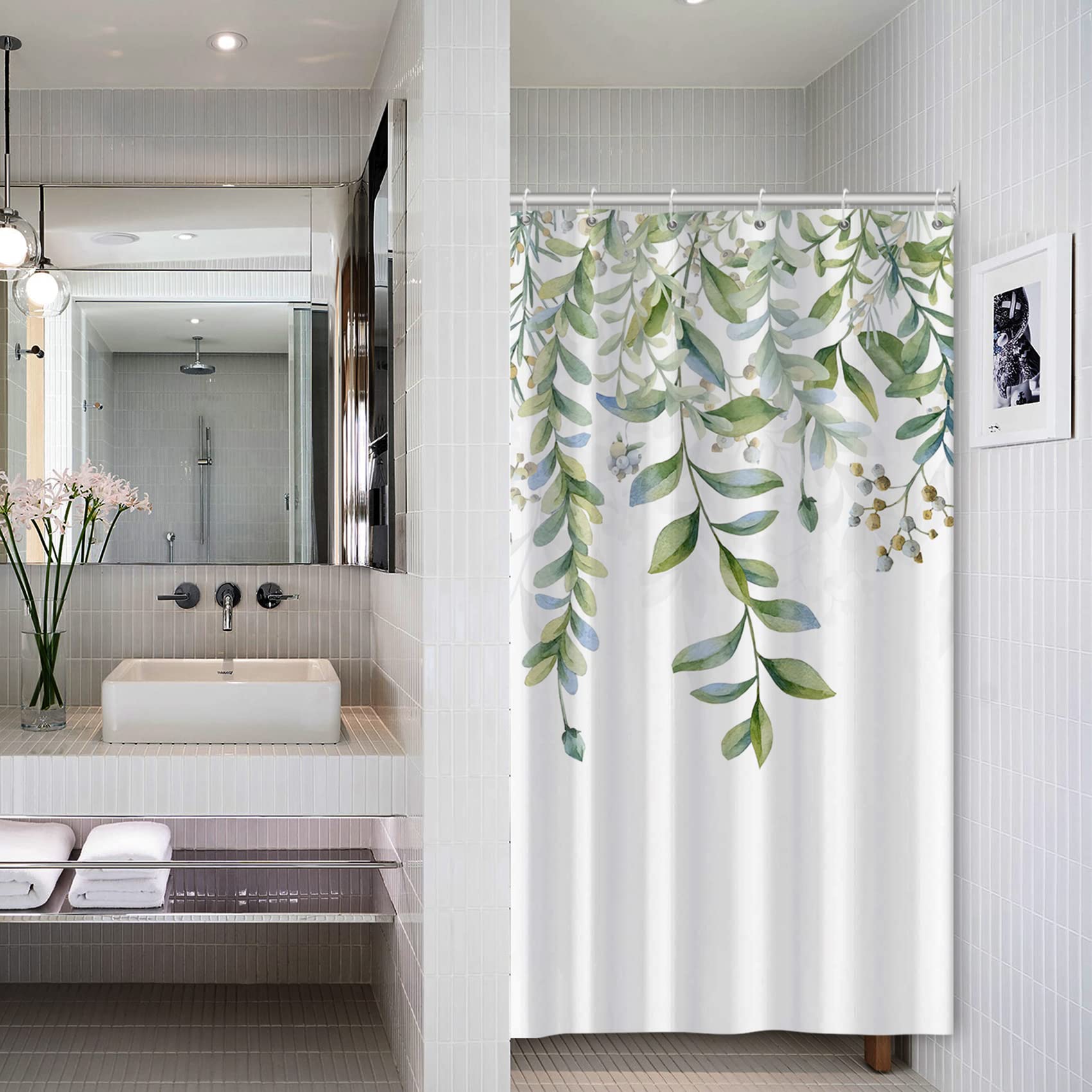 Awert Green Mixed Light Blue Plant Stall Shower Curtain With 6 Hooks Sage Green Shower Curtain For Bathroom Waterproof Fabric 36