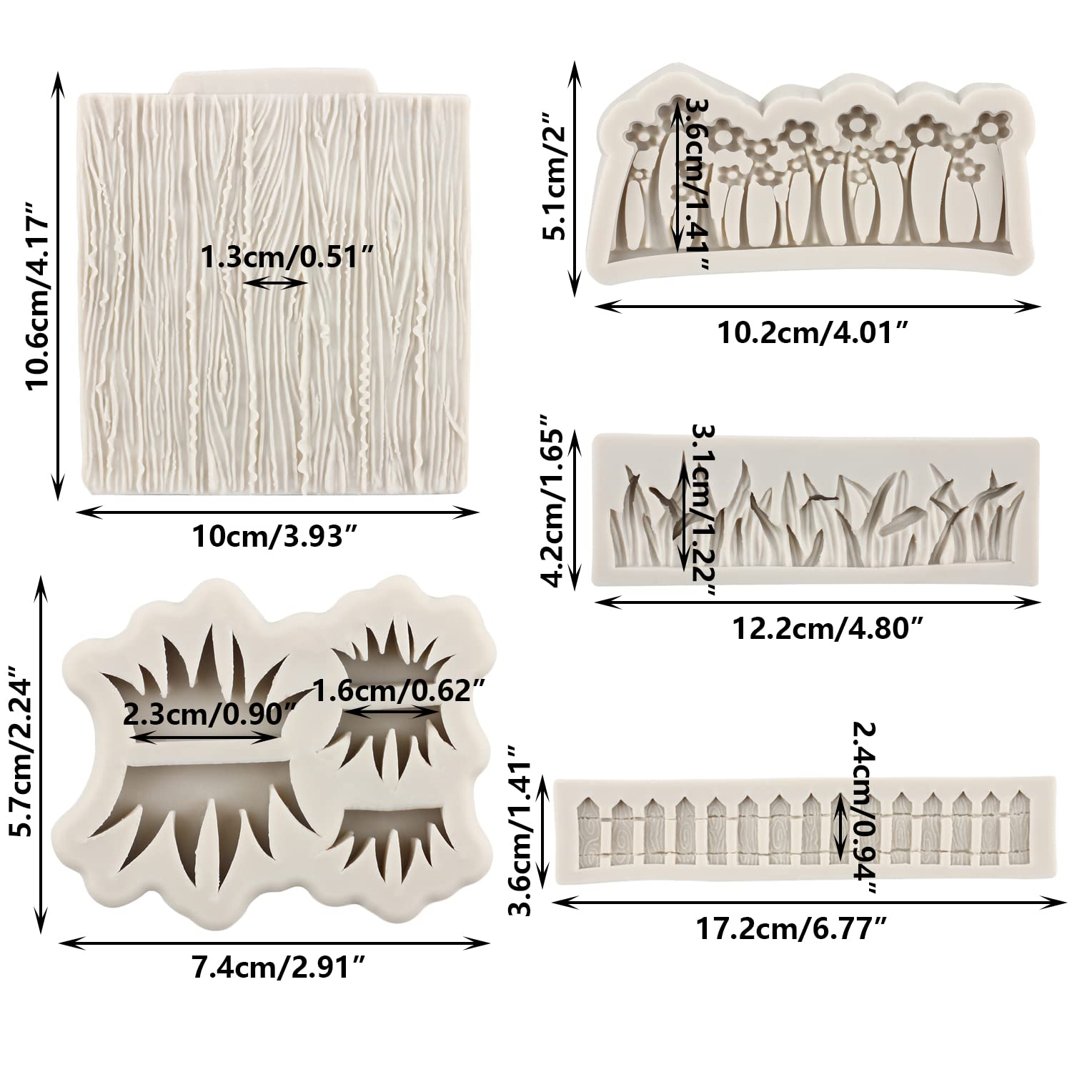 Sijiangmold Green Grass Wood Grain Garden Picket Fence Fondant Molds Green Grass Flower Silicone Mold Wood Grain Tree Bark Candy