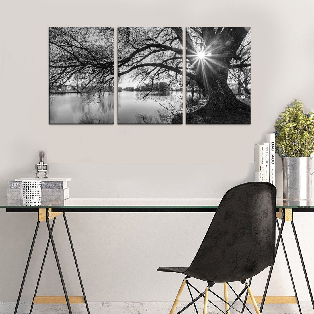 Sechars - Canvas Prints Wall Art Black And White Tree In Sunrise Canvas Wall Art Lake Landscape Picture Giclee Print On Canvas F