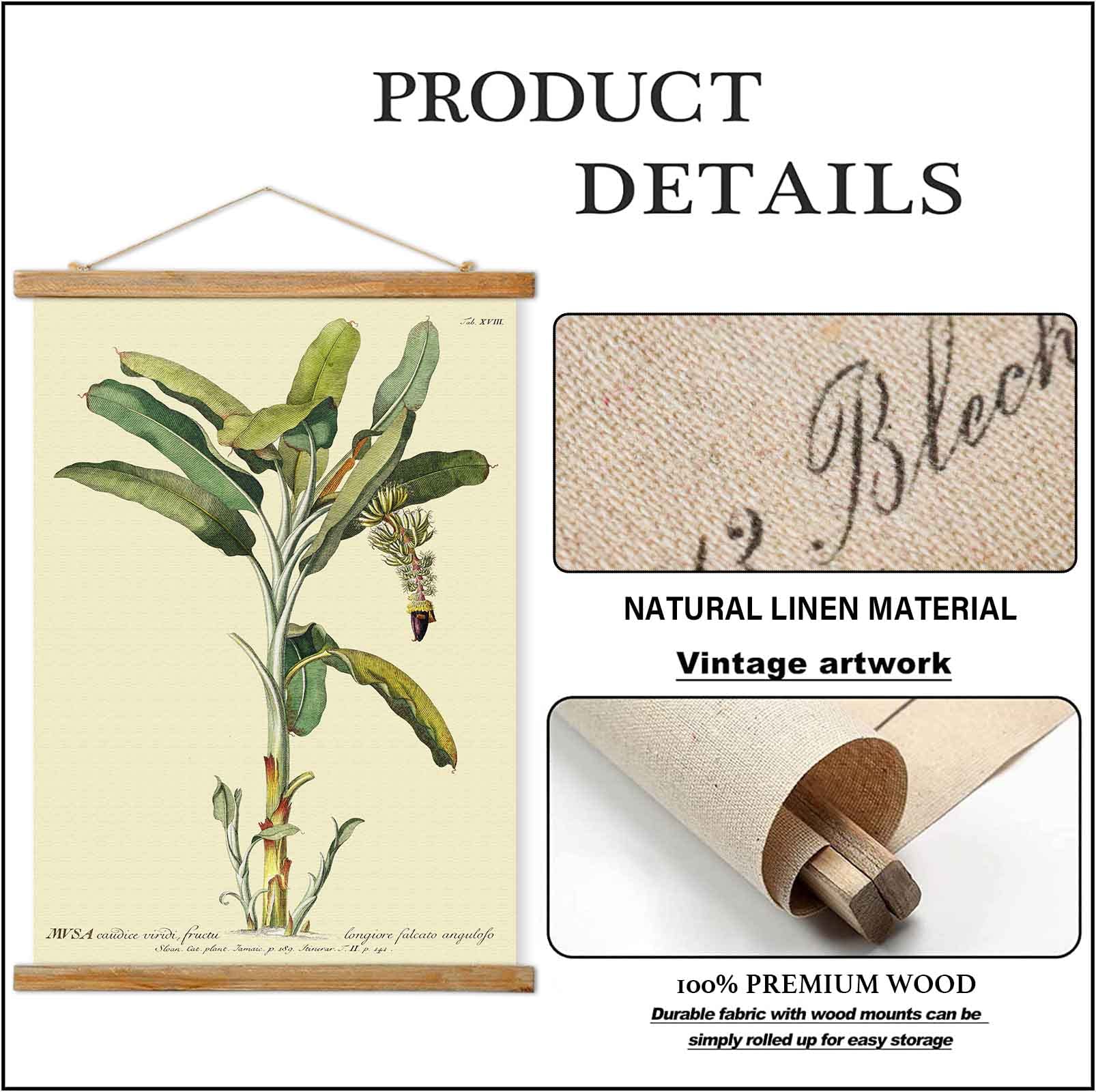 Vintage Banana Tree Poster Hanger Frame, Retro Style Of Wall Art Prints, Printed On Linen With Natural Wooden Frames, Illustrati