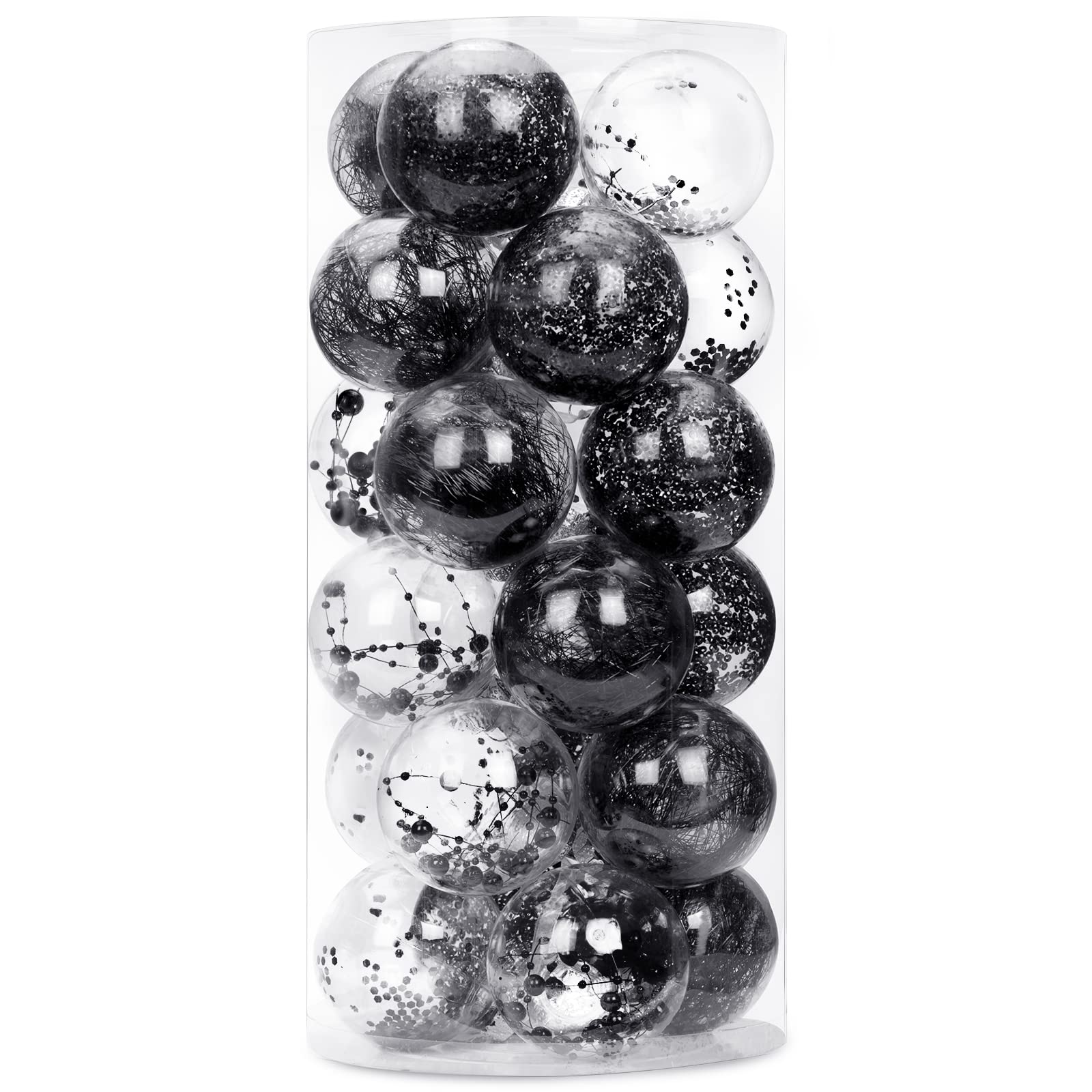 Luxtea 24ct Shatterproof Clear Christmas Ball Ornaments Decorative Xmas Baubles Delicate Balls Decorations (2.36''/60mm,Black)