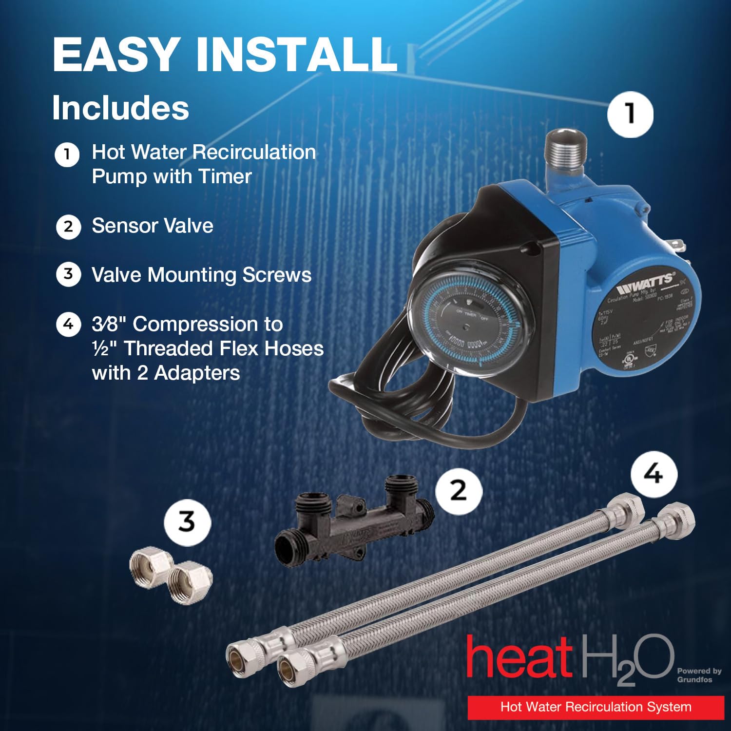 Watts Heat H2O Hot Water Recirculation System W/Programmable Timer, Instant Hot Water, 3 Year Warranty, Pump, 2 Adapters, Sensor
