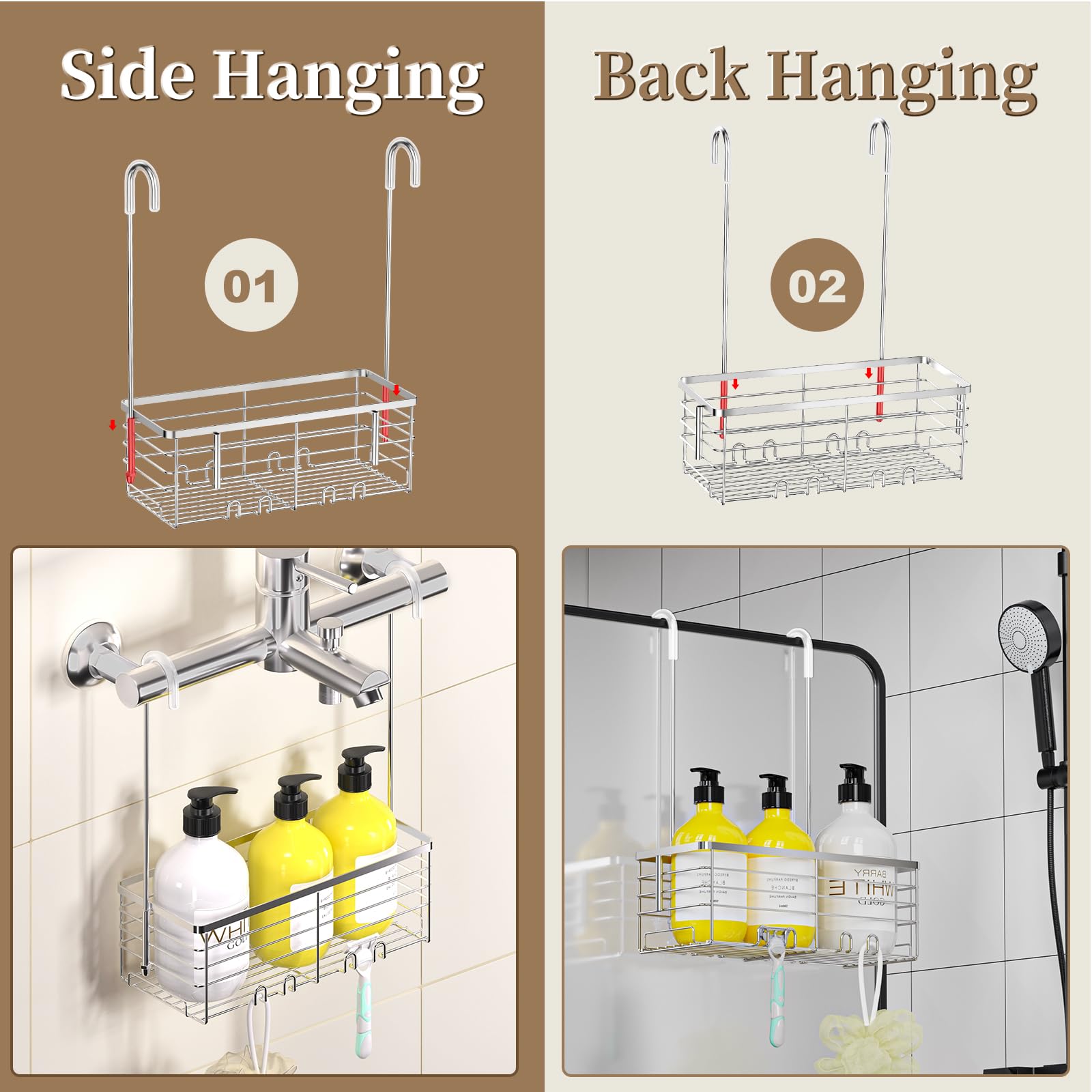 Dellan Hanging Shower Organizer, Shower Rack With Hooks Over The Door, Bathroom Shower Caddy And Basket