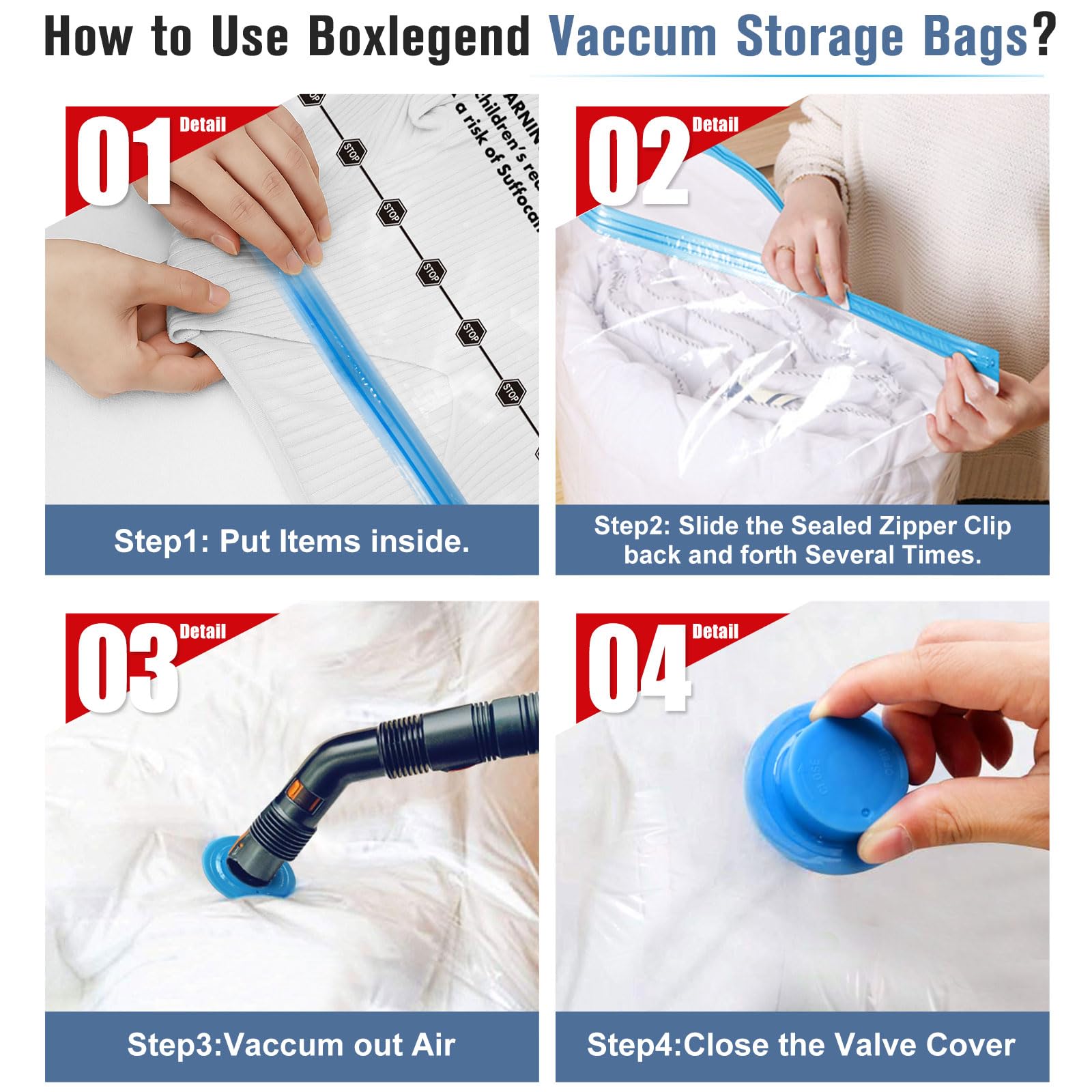 BoxLegend Vacuum Storage Bags with Hand Pump 6 Large 23.6x31.5 Thickened Vacuum Seal Bags for Clothing Coat Bedding Quilt Blanke