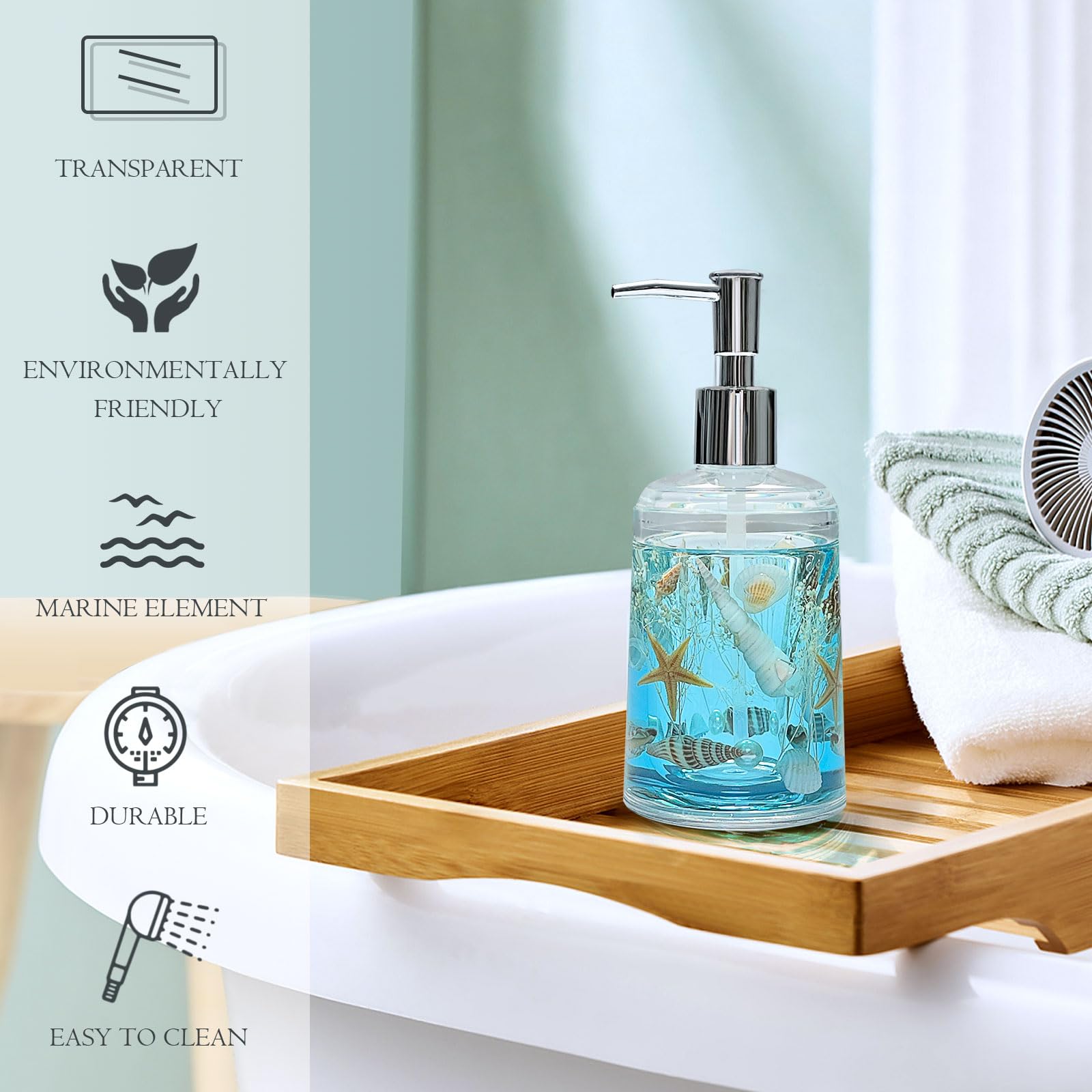 Fonmy Soap Dispenser With Pump Acrylic W/Nature Seashell Handmade Bathroom Hand Soap Dispenser, Kitchen Refillable Liquid Dispen