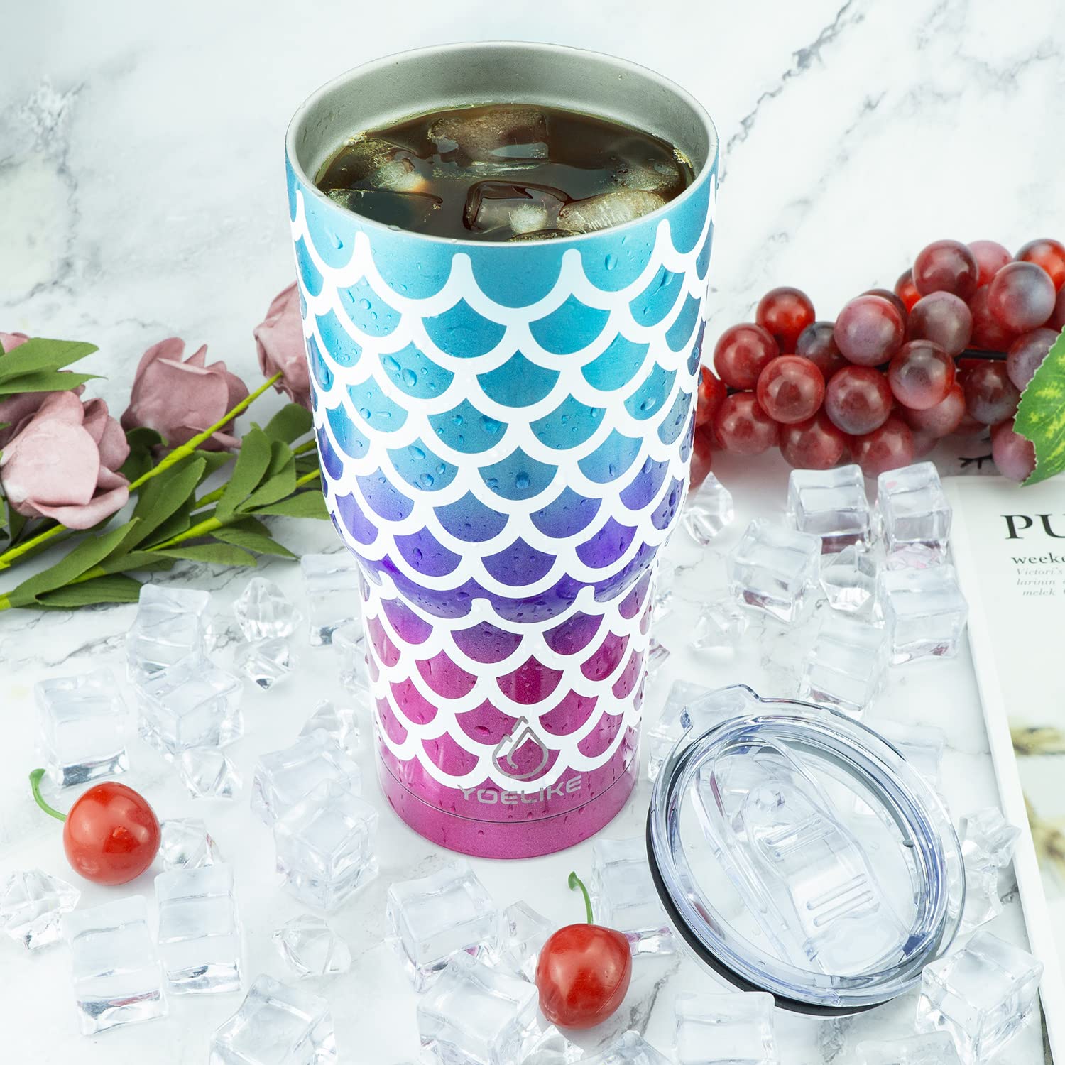 Yoelike Mermaid 30 Oz Stainless Steel Double Wall Vacuum Insulated Tumbler With 2 Straws, 2 Splash Proof Lid, 1 Straw Cleaning B