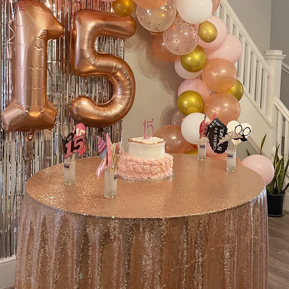 Poise3Ehome 70 Inch Round Rose Gold Sequin Tablecloth For Party Cake Dessert Table Exhibition Events