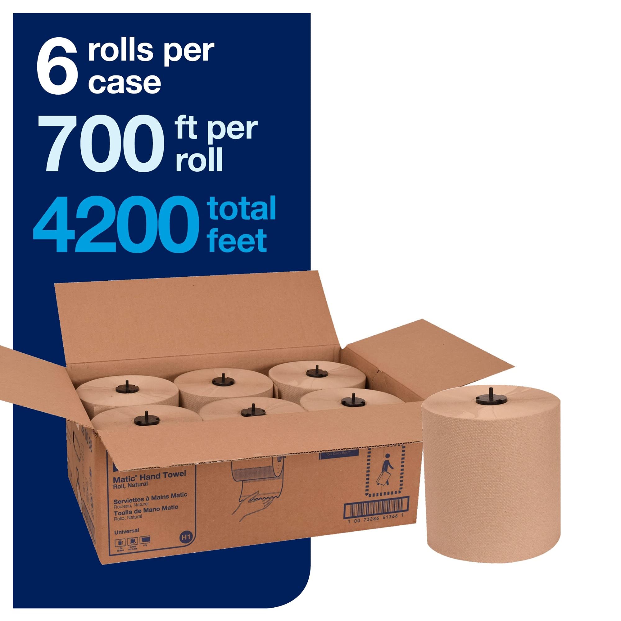 Tork Matic Paper Hand Towel Roll Natural H1, Universal, 100% Recycled Fiber, 6 Rolls X 700 Ft, 290088