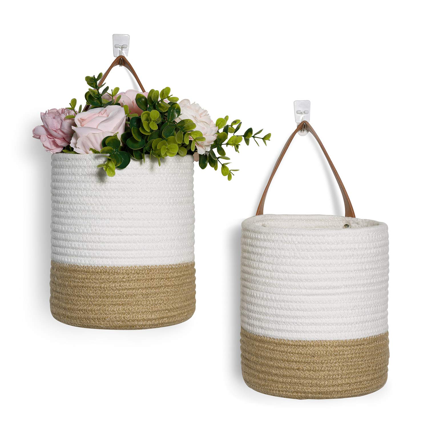 Goodpick 2Pack Jute Rope Hanging Basket - Small Woven Fern Wall Hanging Basket Flower Plants, Jute Woven Basket Key Storage Bask