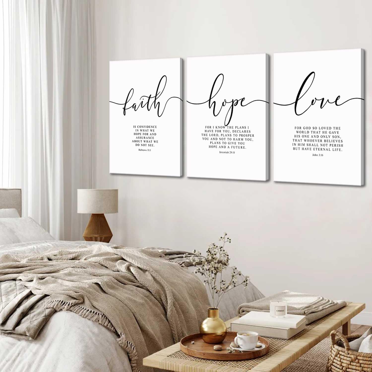 3Pcs Framed Faith Hope Love Bible Verse Canvas Wall Art Christian Scripture Quote Posters Prints Inspirational Religious Wall De