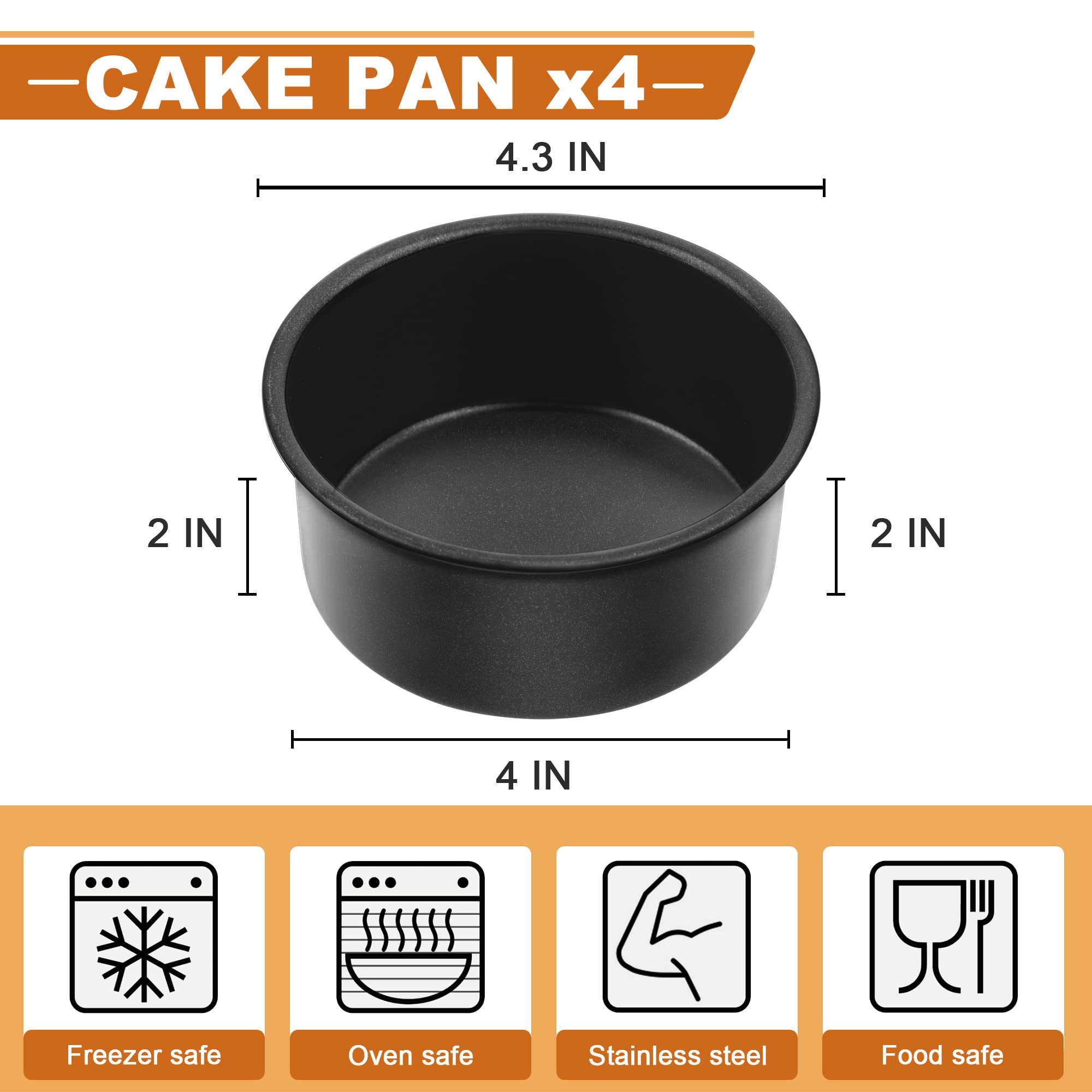 E-Far 4 Inch Cake Pan, 4-Piece Nonstick Round Cake Baking Pans For Wedding, Birthday, Layer Cake, Stainless Steel Core & Non-Tox