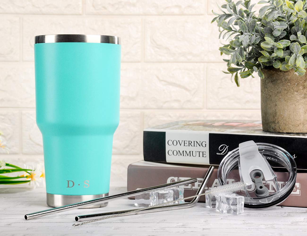 DS 30oz Mint Tumbler Stainless Steel Double Wall Vacuum Insulated Mug with Straw and Lid, Cleaning Brush for Cold and Hot Bevera