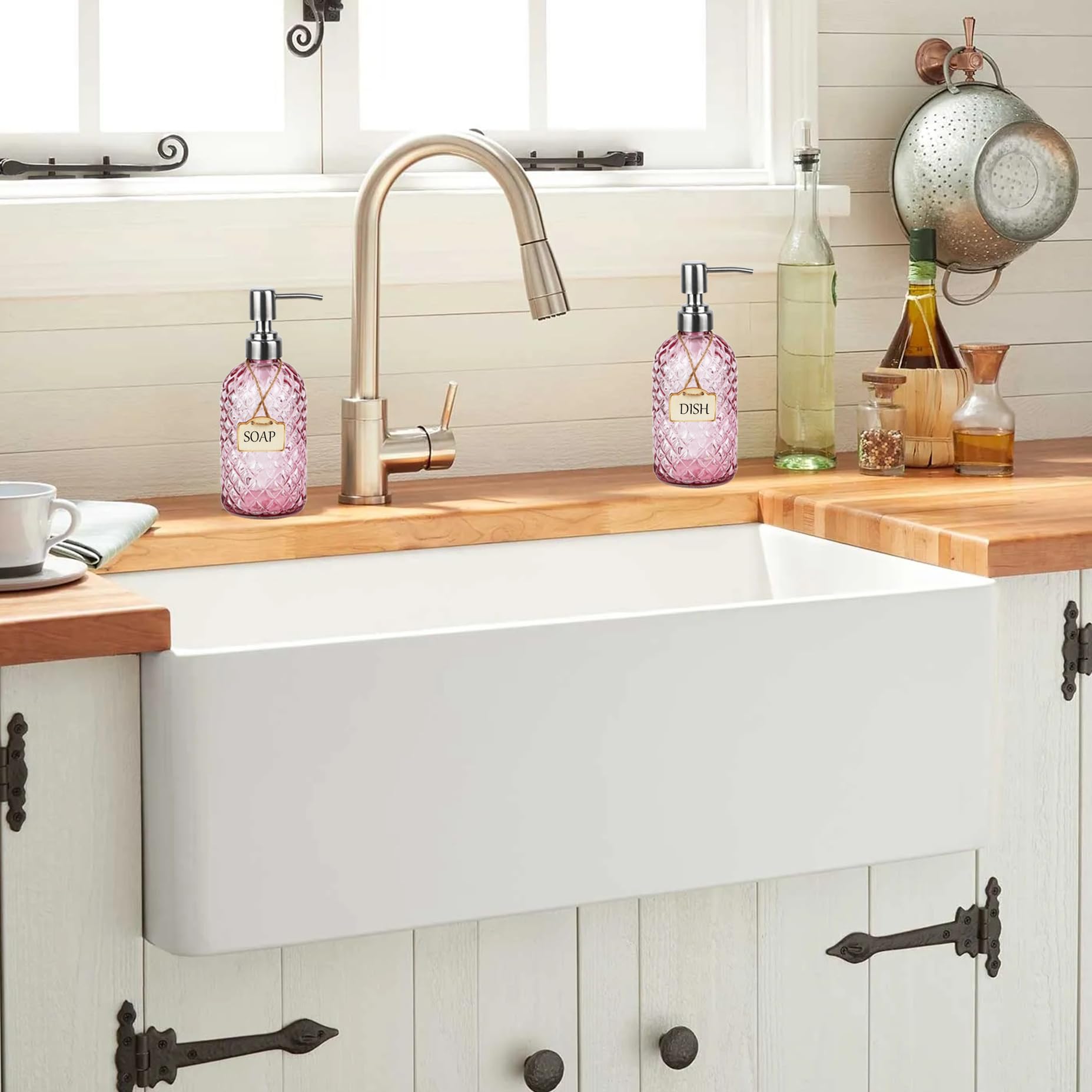 Bathroom & Kitchen Glass Hand And Dish Soap Dispenser With 304 Rustproof Stainless Steel Pump (Pink-2Pack)