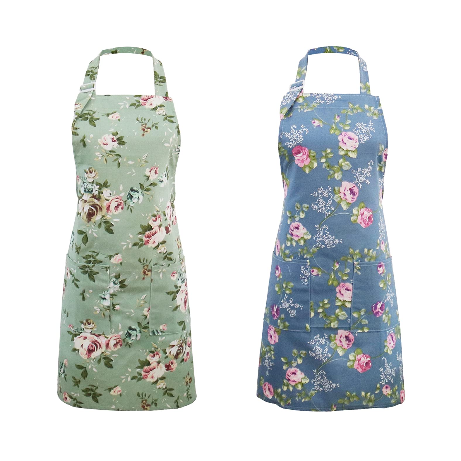 Ideapron Kitchen Aprons For Women, 2 Pack Floral Aprons With 2 Pockets, Vintage Chef Bakers Apron For Cooking Baking Gardening -