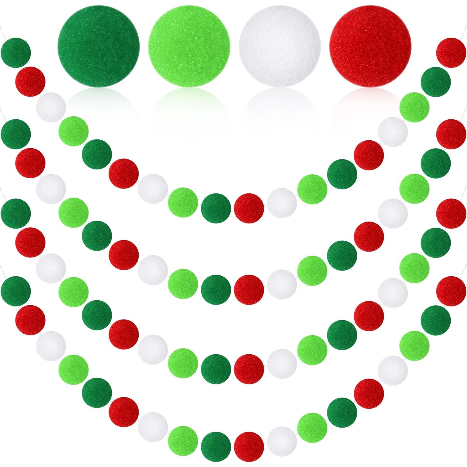 MARFOREVER 4 Pack 26.3 Feet Christmas Pom Pom Garland Ornaments Red White Green 30 Balls Christmas Felt Ball Garland Hanging Sup