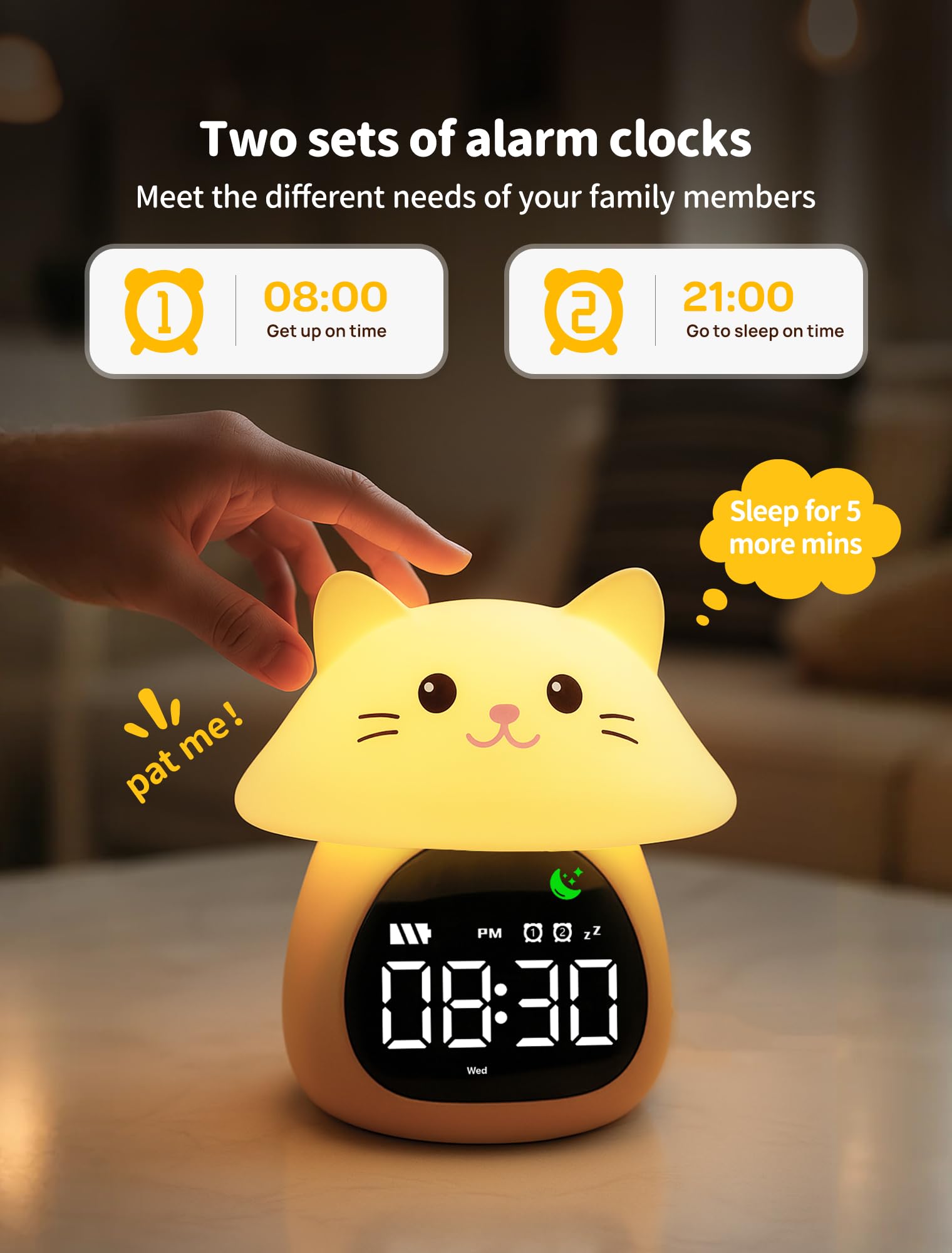 MASHI Mushroom Cat Alarm Clock, Toddler Sleep Training Clock with Sun & Moon, Sleep Sound Machine, Night Lights, Alarm Clock for