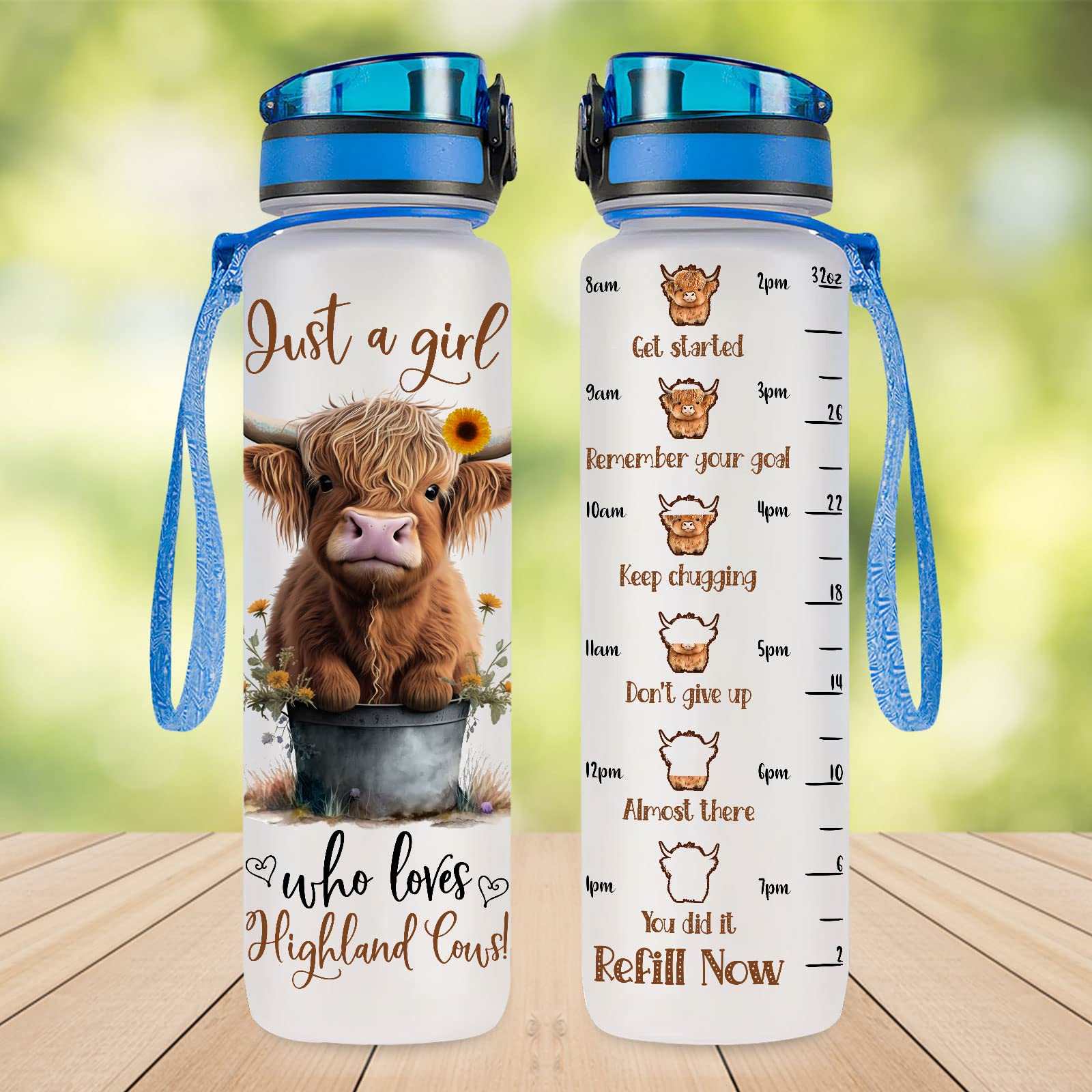Highland Cow Gifts, Highland Cow Water Bottle 32 Oz With Time Marker, Just A Girl Who Loves Cow Tumbler, Cow Gifts For Cow Lover
