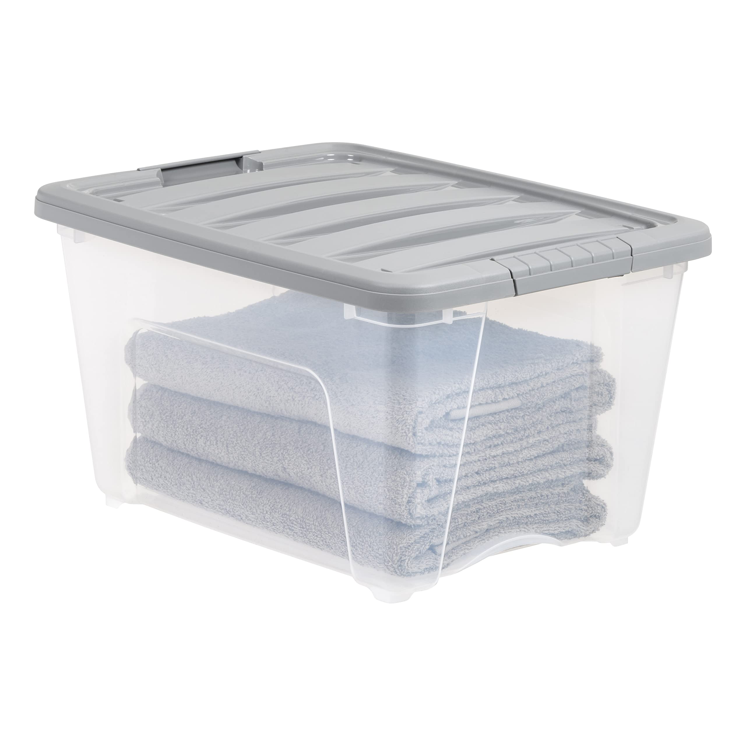 Amazon Basics Plastic Storage Bins With Lids, Stackable, 32 Quart, Clear/Grey, Set Of 6