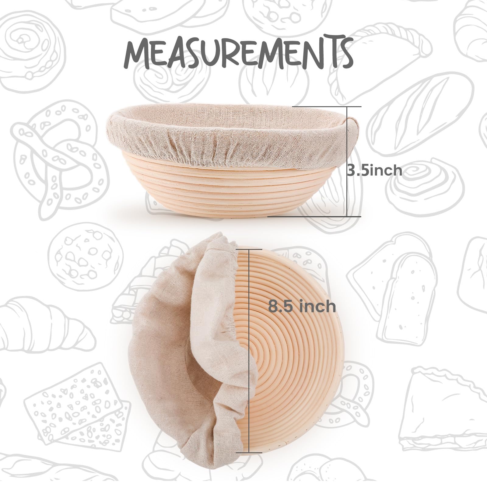Doyolla Bread Proofing Baskets Set Of 2 8.5 Inch Round Dough Proofing Bowls W/Liners Perfect For Home Sourdough Bakers Baking