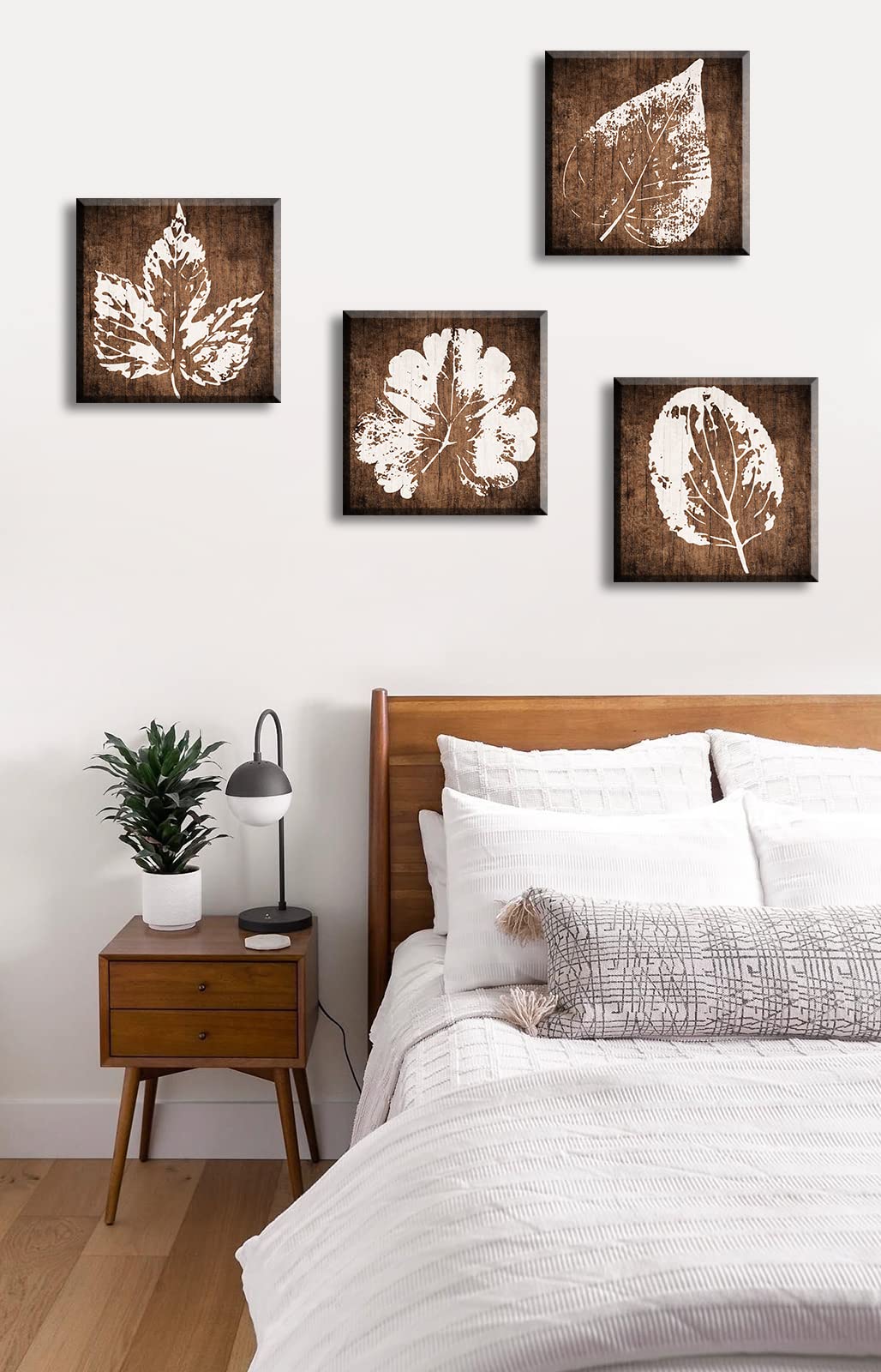 Botanical Plant Wall Decor for Bedroom - Minimalist Leaves Wall Art Decor Brown Background White Leaf Pictures Canvas Print Home Bathroom Living Room Rustic Wall Decorations Framed 12'' W x12 H x4