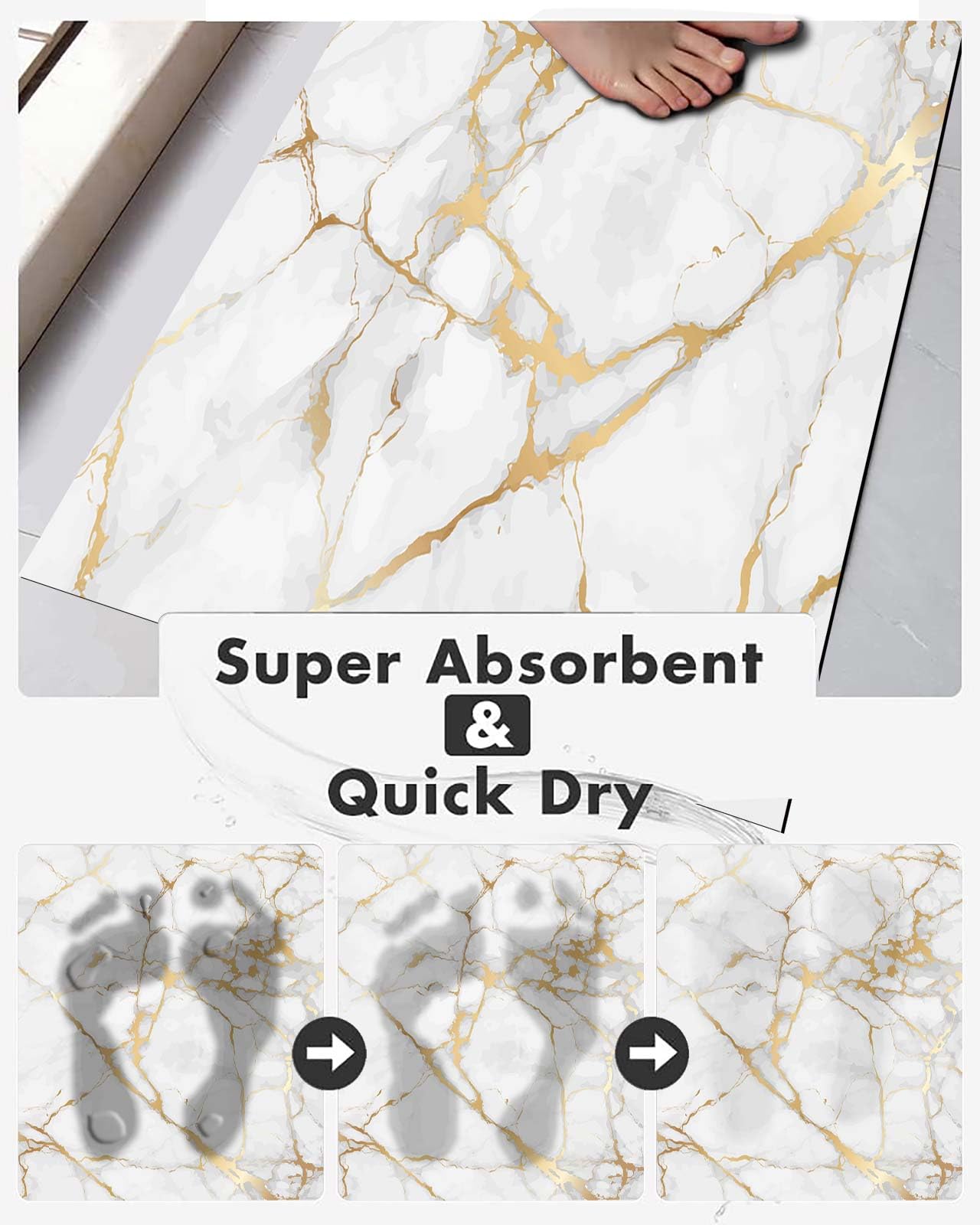 Emmteey Bathroom Rugs Sets 3 Piece, Gold White Marble Toilet Mats Bath Mat Set Non Slip Super Absorbent Bathroom Mat Quick Dryin