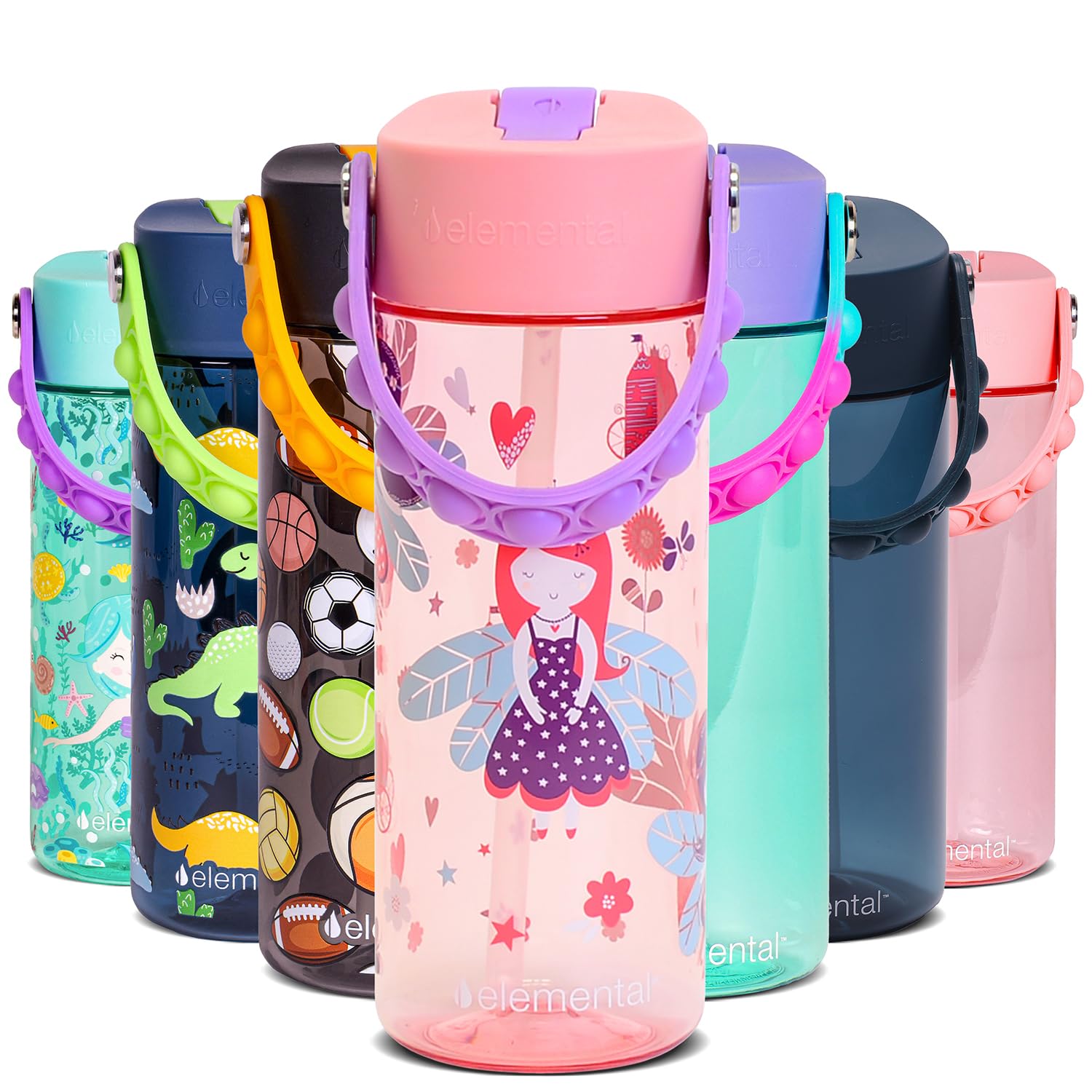 Elemental Water Bottles for Kids - Splash Kids Water Bottle for School with Pop-it Handle - BPA Free Tritan Plastic Water Bottle