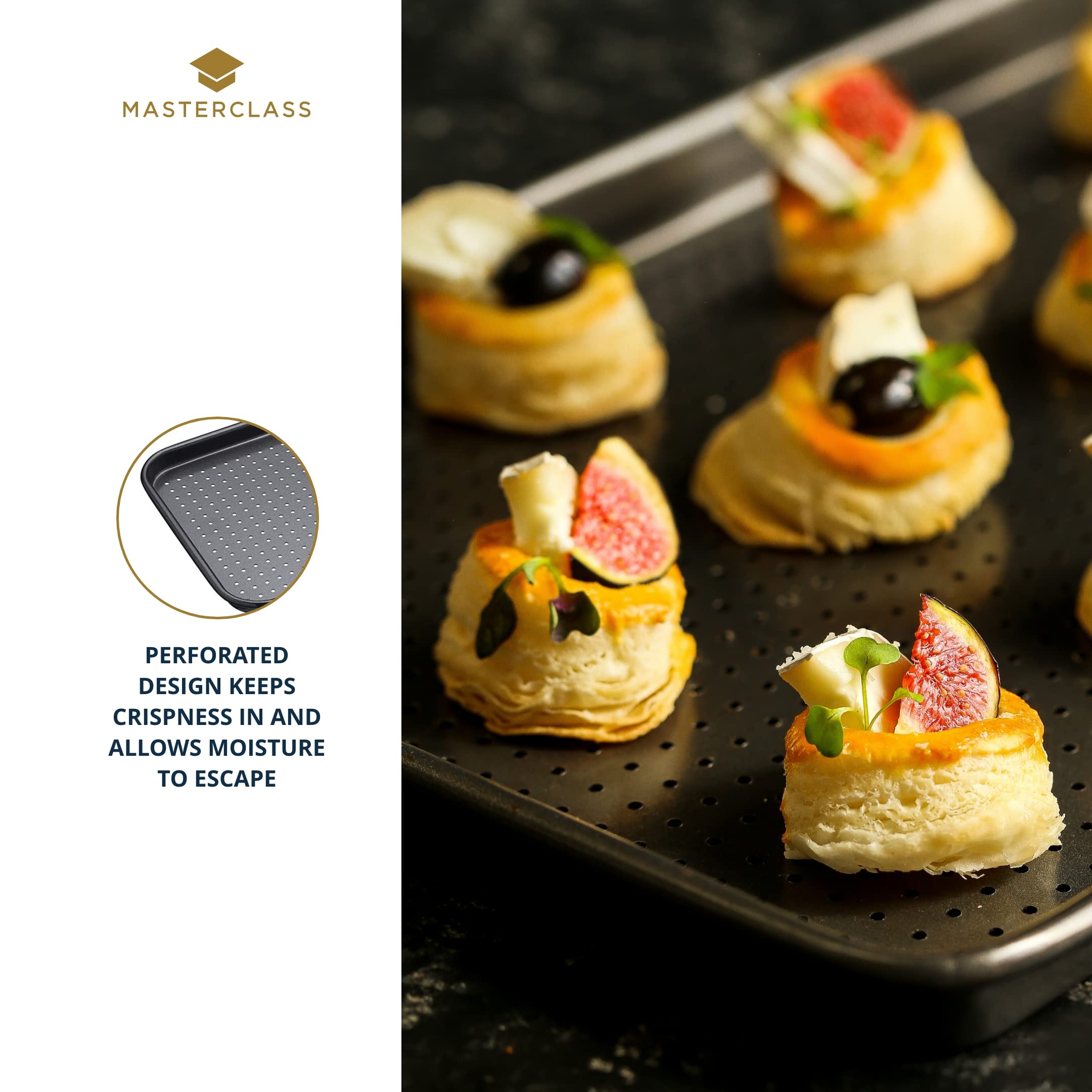 Masterclass Kcmccb54 Crusty Bake Perforated Baking Tray With Pfoa Non Stick, Robust 1 Mm Carbon Steel, 24 X 18 Cm, Grey