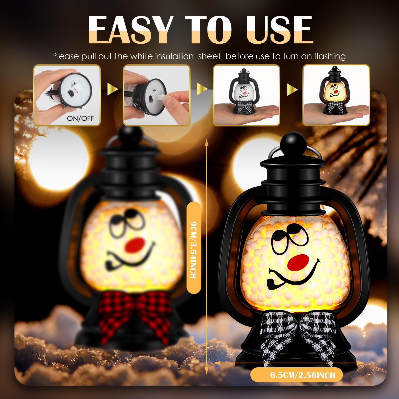 ROCEEI 24 Pcs Christmas Mini Snowman Lanterns Decorative with Flickering LED Candles Buffalo Plaid Bow Small Winter Portable Tab