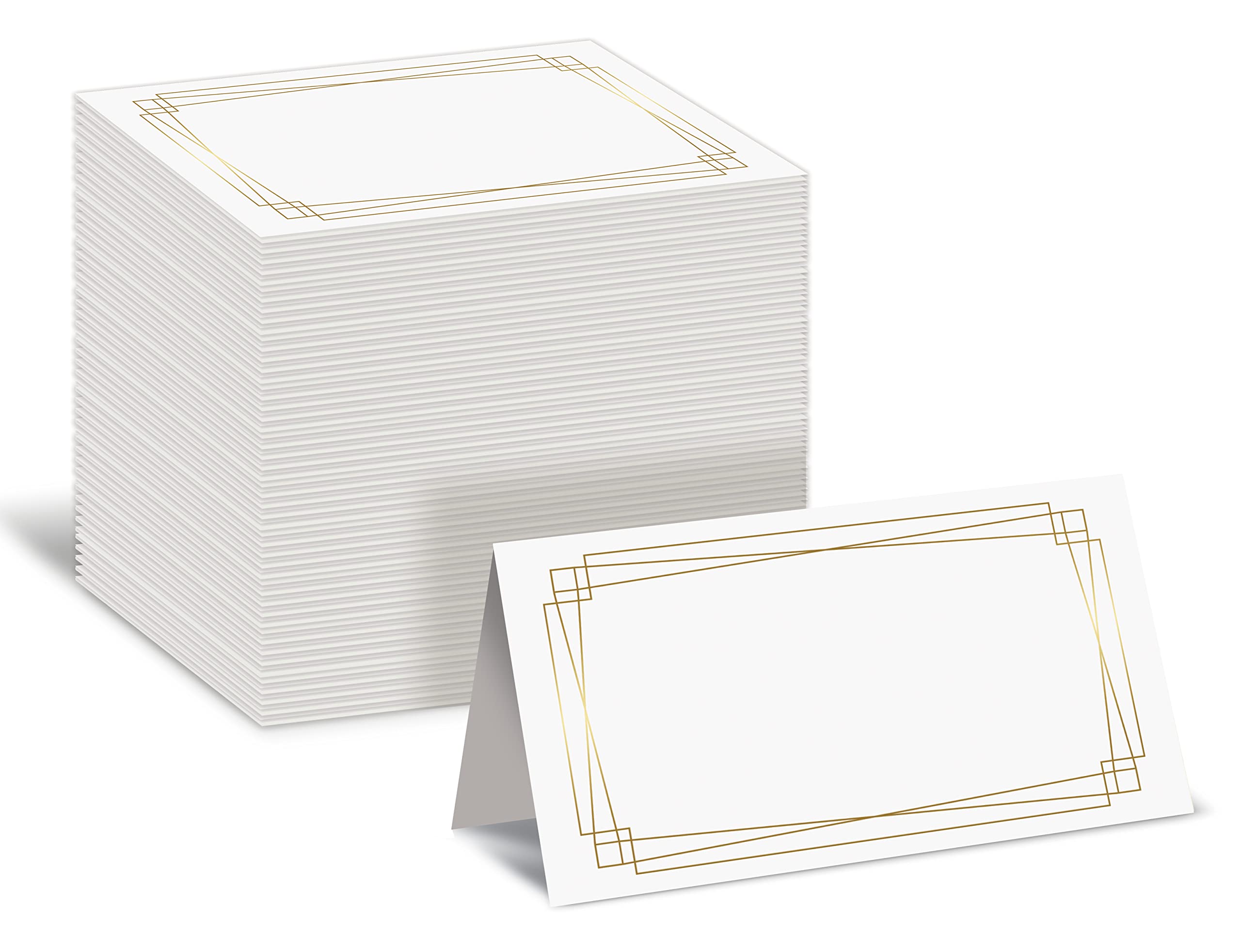 Better Office Products 100 Pack Place Cards, 2 X 3.5 In, White With Modern Metallic Gold Geometric Border, Folded Table Tent Car