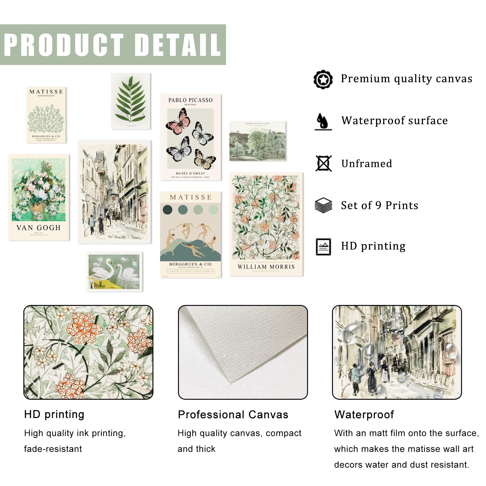 Uniro Sage Green Eclectic Wall Art Prints, 9 Pcs Matisse Wall Art Exhibition Posters For Room Aesthetic, Van Gogh William Morris