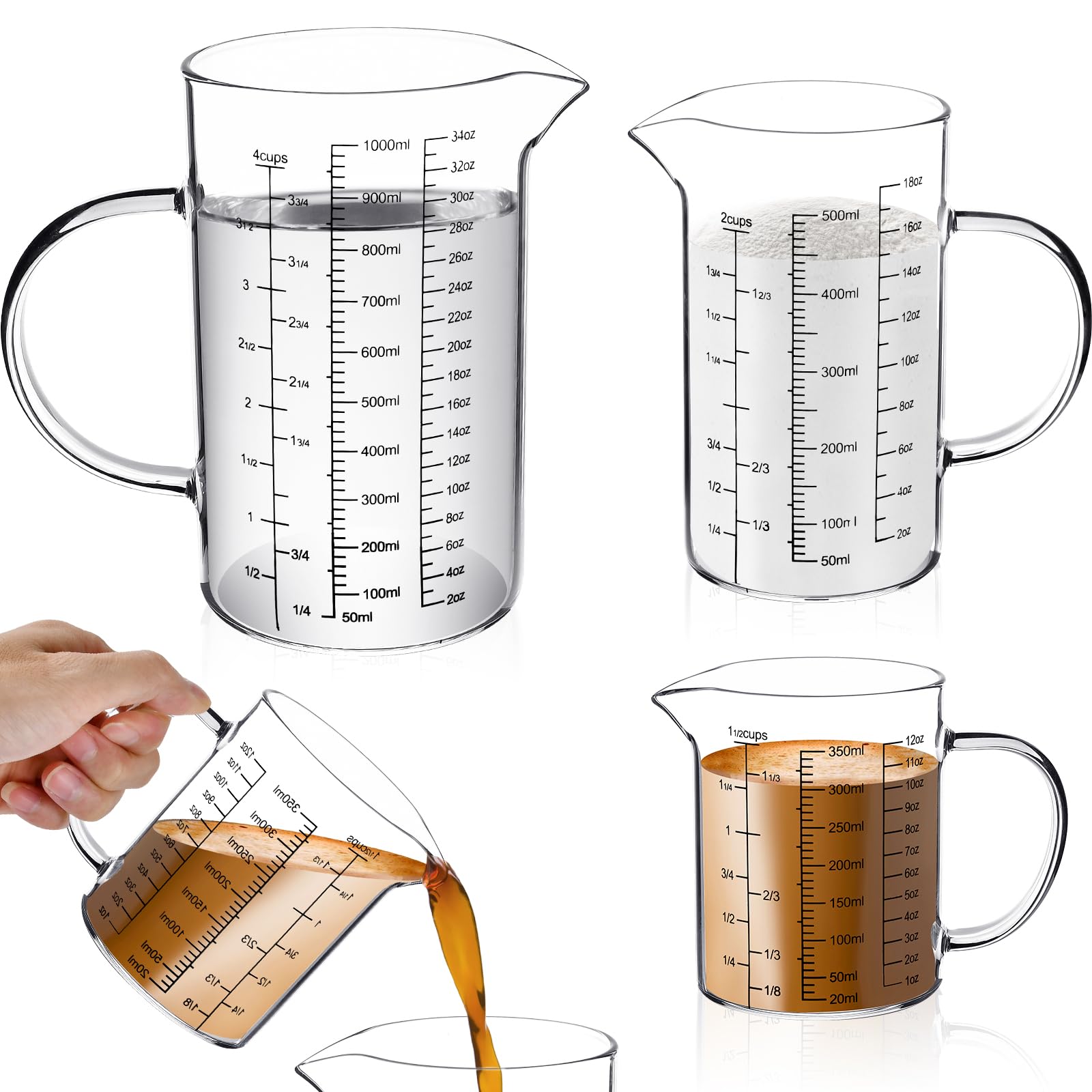 Akamino 3 Pack Glass Measuring Cups,1Cup,2Cup,4Cup Measuring Jugs with Handle &V Shaped Spout,3 Scales(Oz,Cup,Ml) High Borosi