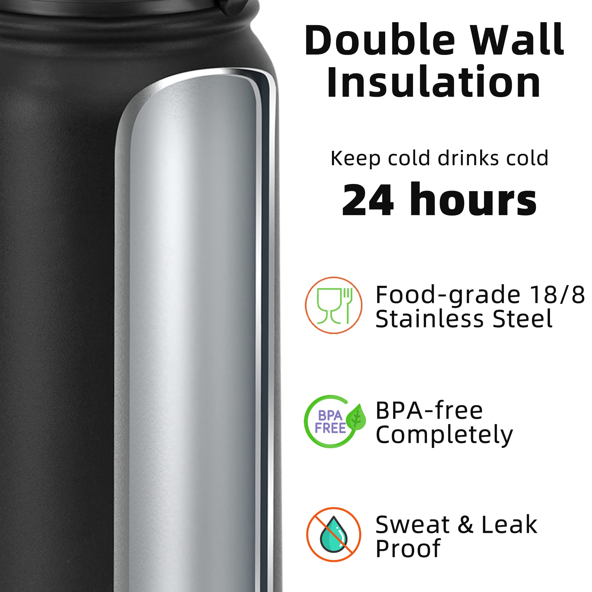 Fanhaw 20 Oz Stainless Steel Insulated Sports Water Bottles With Straw For Kids, Men And Women (Black)