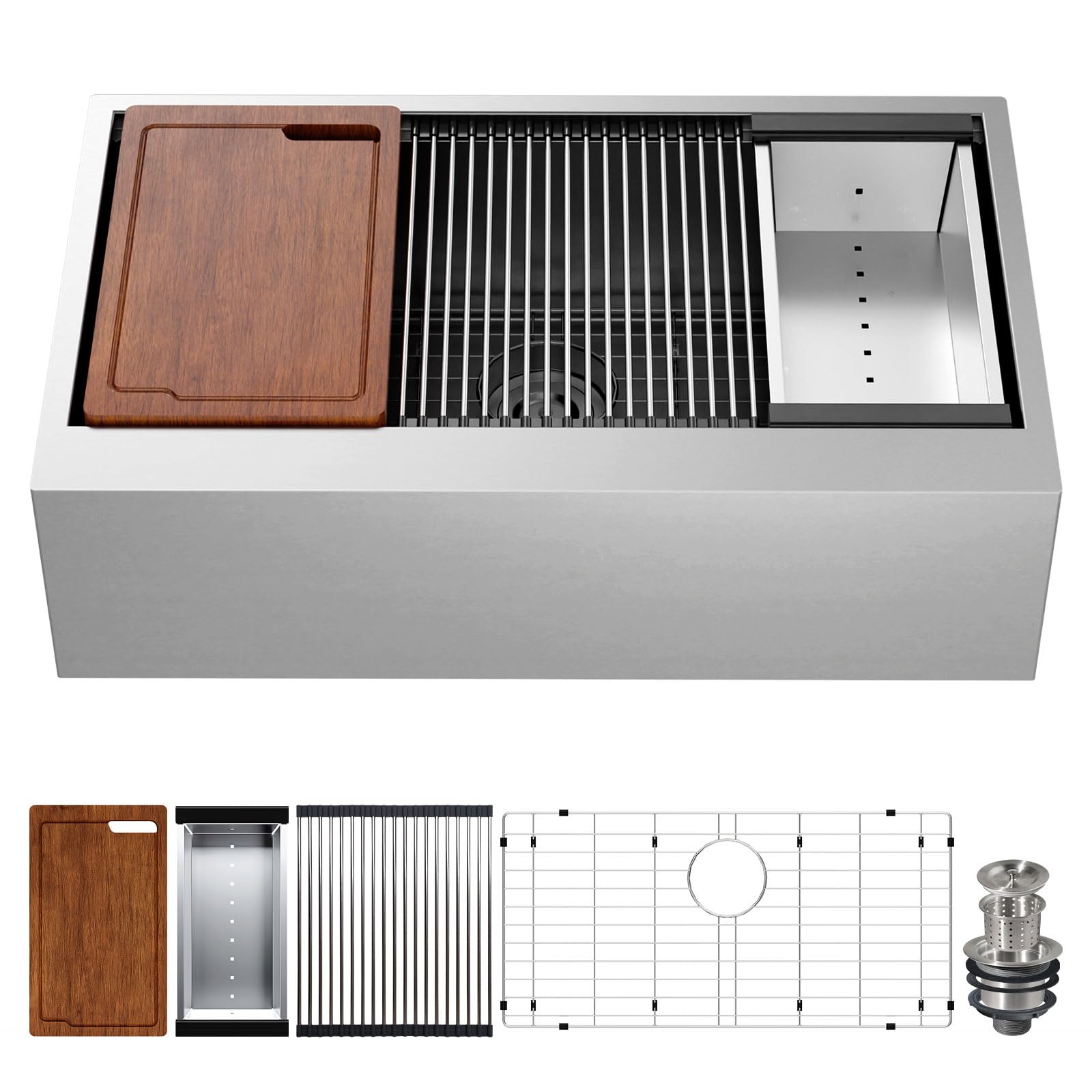 33 inch Farmhouse Sink - TECASA 16 Gauge Single Bowl Workstation Stainless Steel Sink, Apron Front with Accessories, 33 L x 20 W