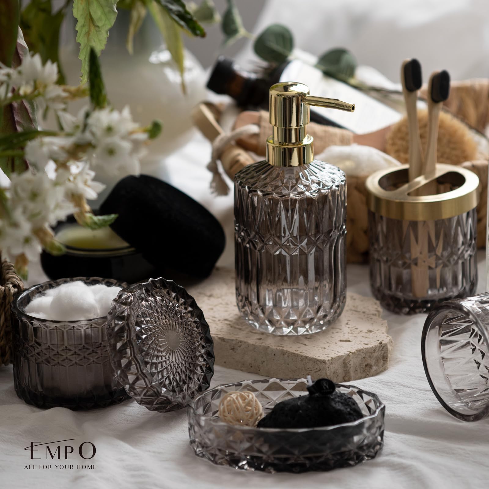 Empo 6Pcs Bathroom Clear Glass Accessories Set (Lotion Soap Dispenser, Soap Dish, Toothbrush Holder, Tumbler, Cotton Swab Jar) C