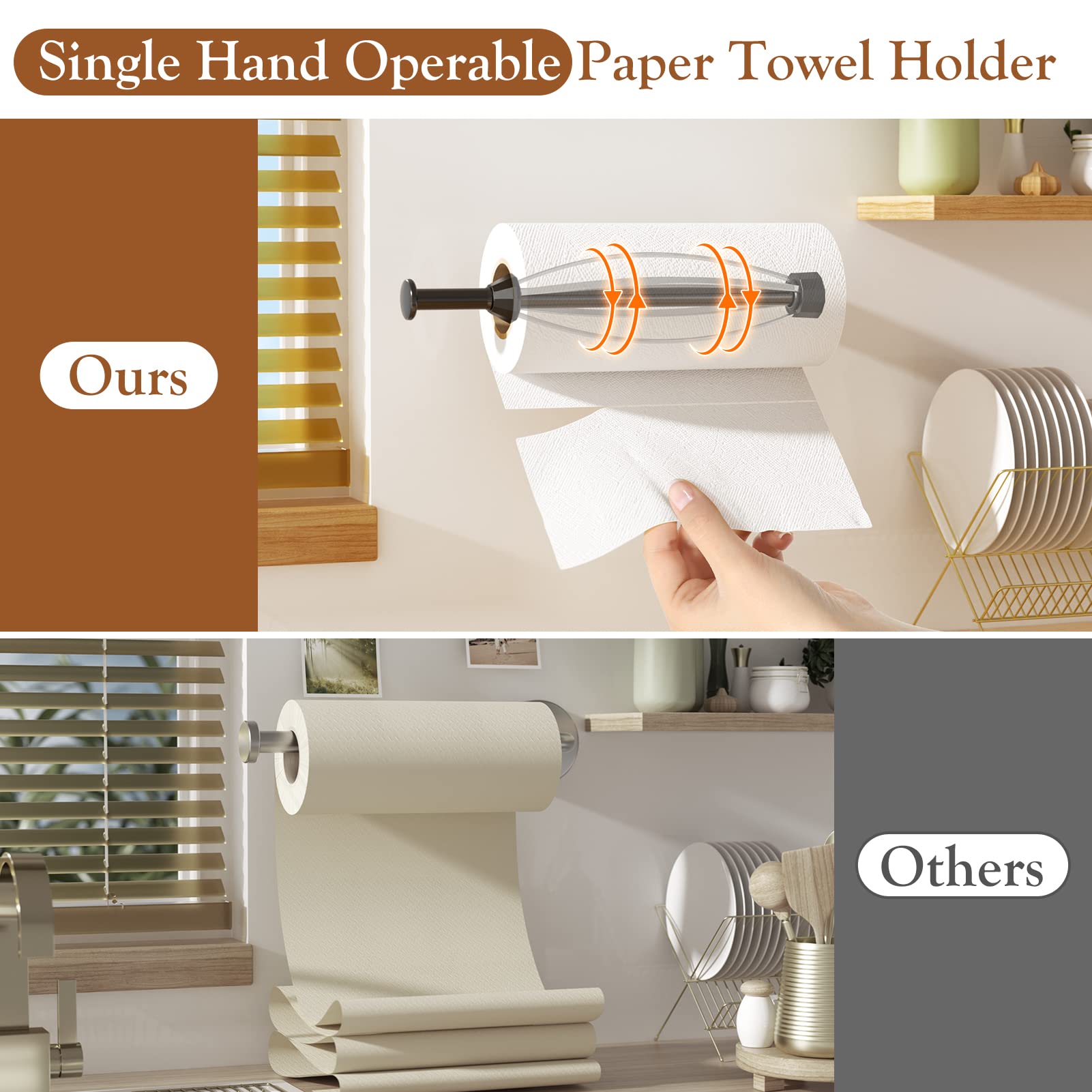 Paper Towel Holder Under Cabinet, Single Hand Operable Wall Mount With Damping Effect, Self-Adhesive Or Drilled Paper Roll Holde