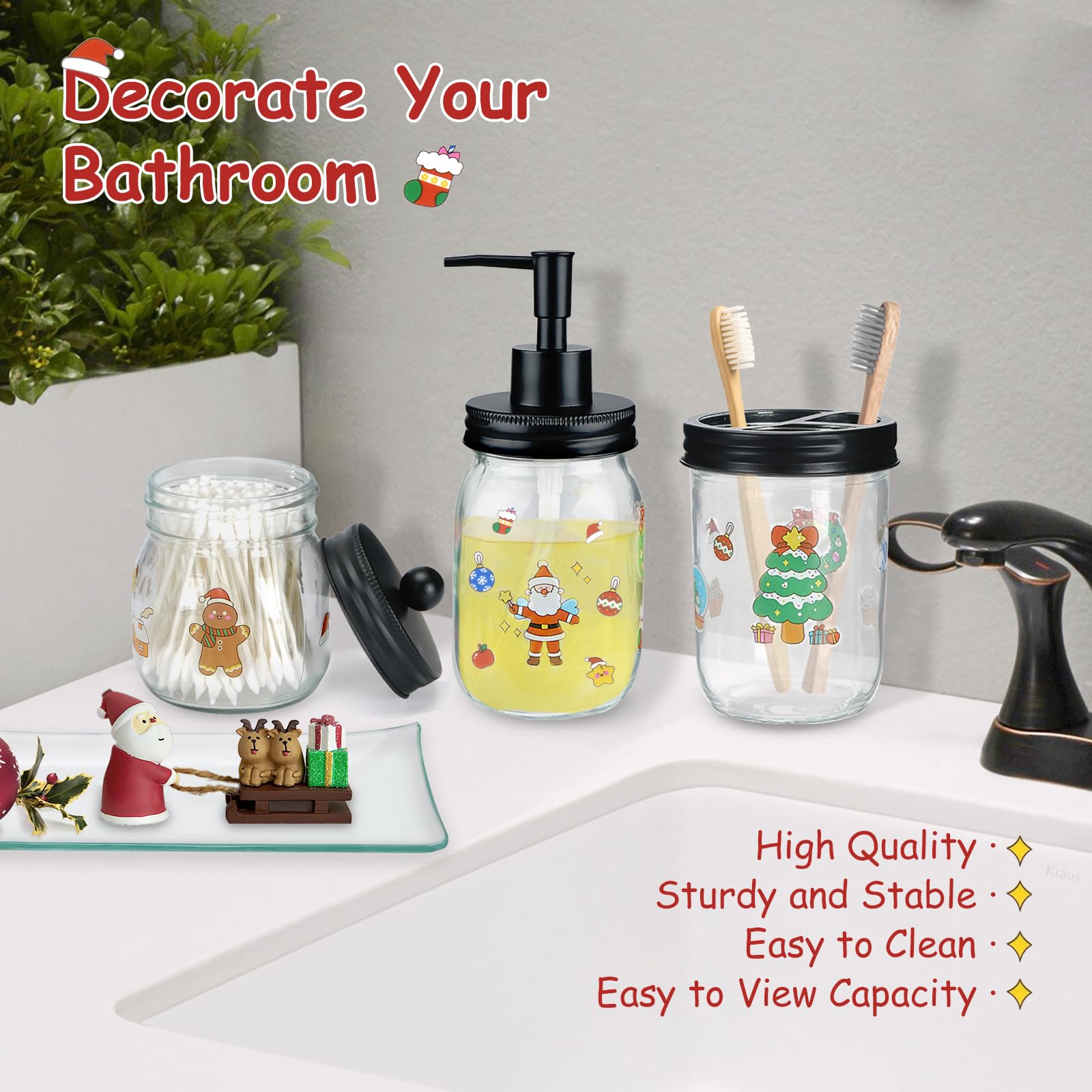 Haturi Bathroom Accessories Set, 4Pcs Christmas Mason Jar Bathroom Decor, Lotion Soap Dispenser, Toothbrush Holder, Qtip Holders