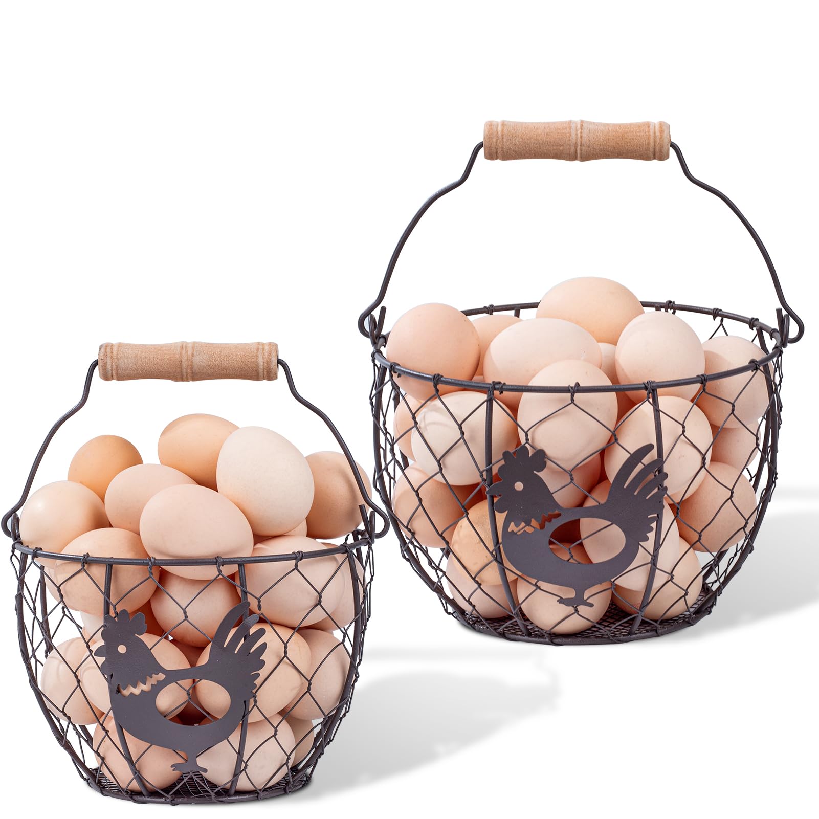 FNXAOR Wire Egg Basket Set of 2, Rooster Design Wooden Handle Farm Egg Storage 6.5in & 7.5in