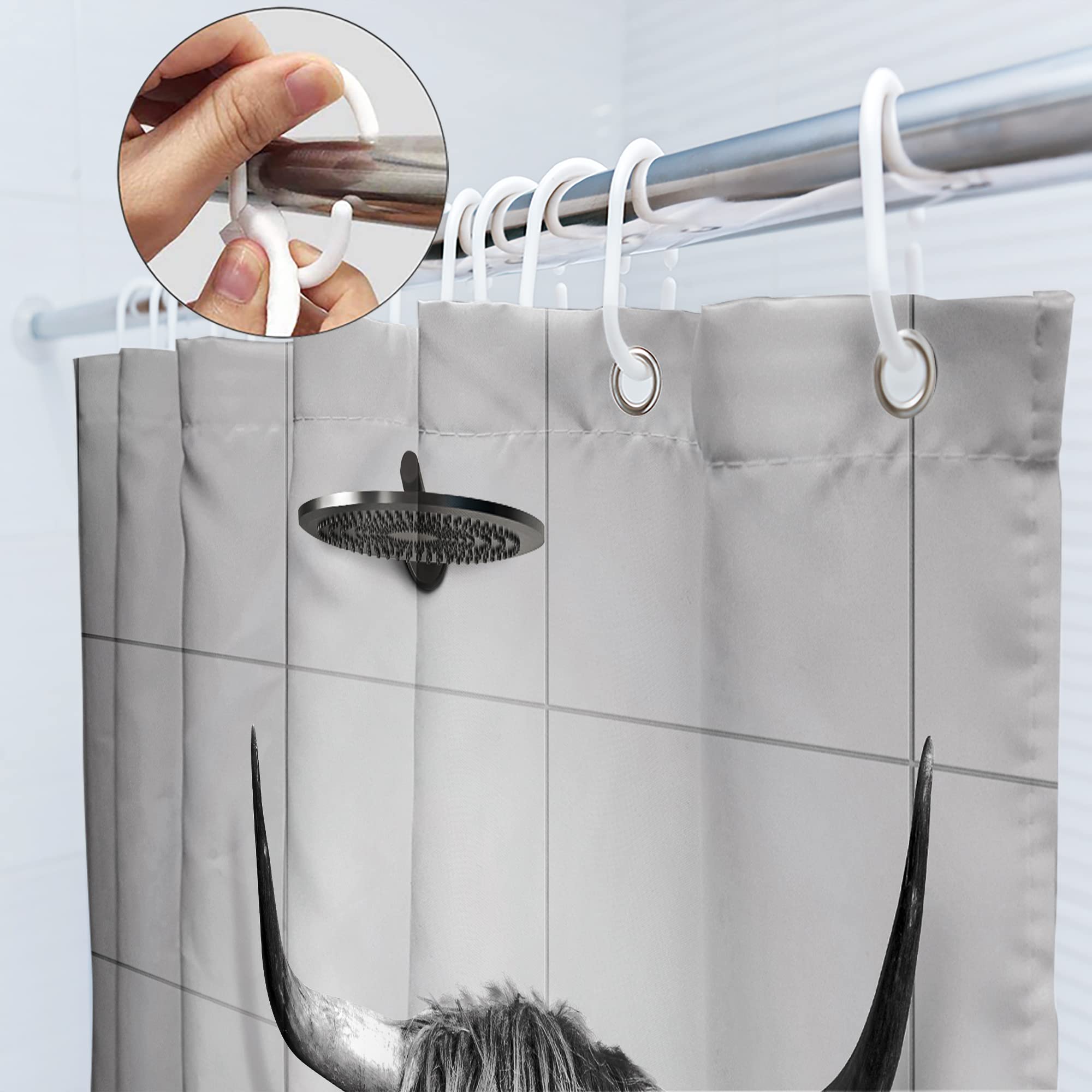 Svbright Highland Cow Shower Curtain 60Wx72L Inch Rustic Gray Bull Cattle Vintage Rustic Farmhouse Animal Wildlife Western Farm