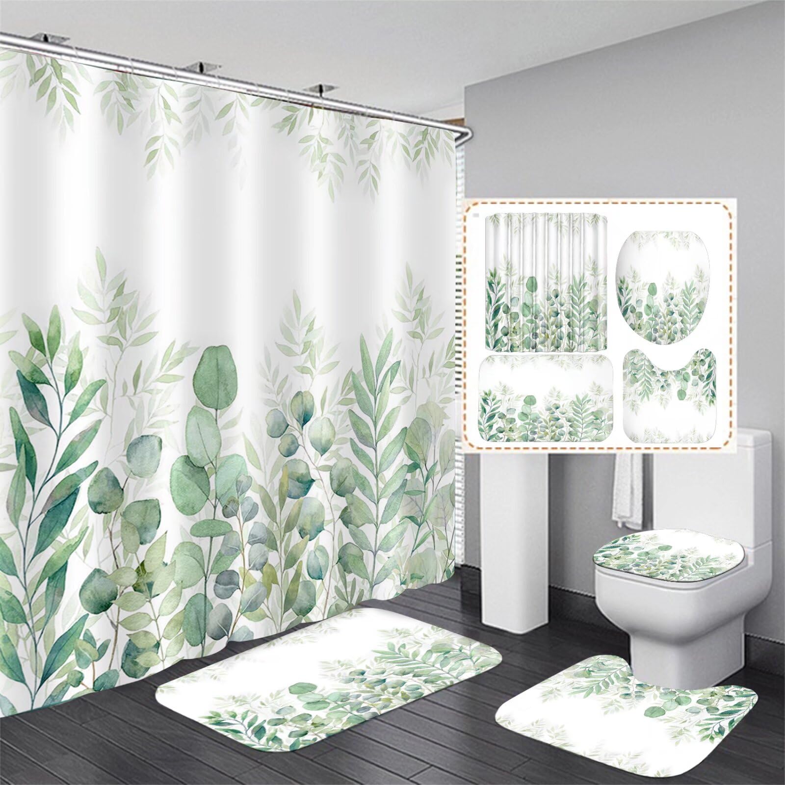 Ddqq Green Leaves Shower Curtain Sets With Non-Slip Rug, Toilet Lid Cover And Bath Mat, Plant Leaves Shower Curtain Sets With 12